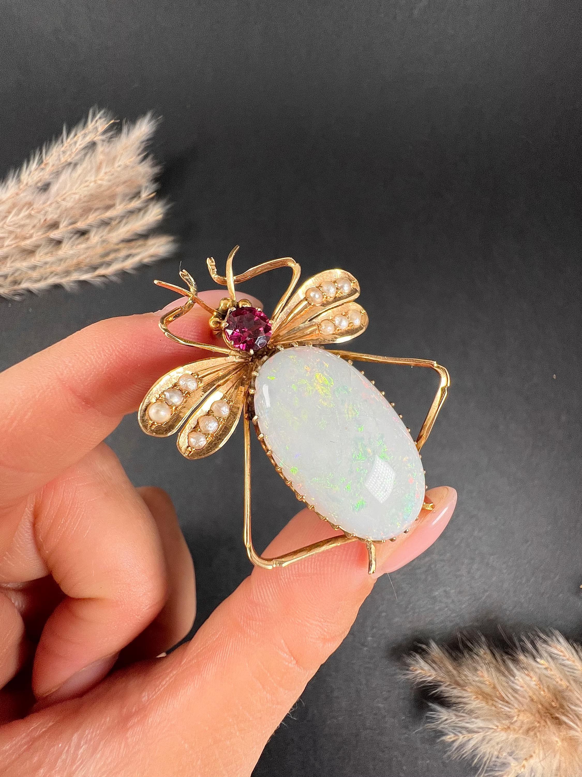 15ct Gold Stamped, Edwardian Almandine Garnet, Opal & Seed Pearl Bug Brooch For Sale 5