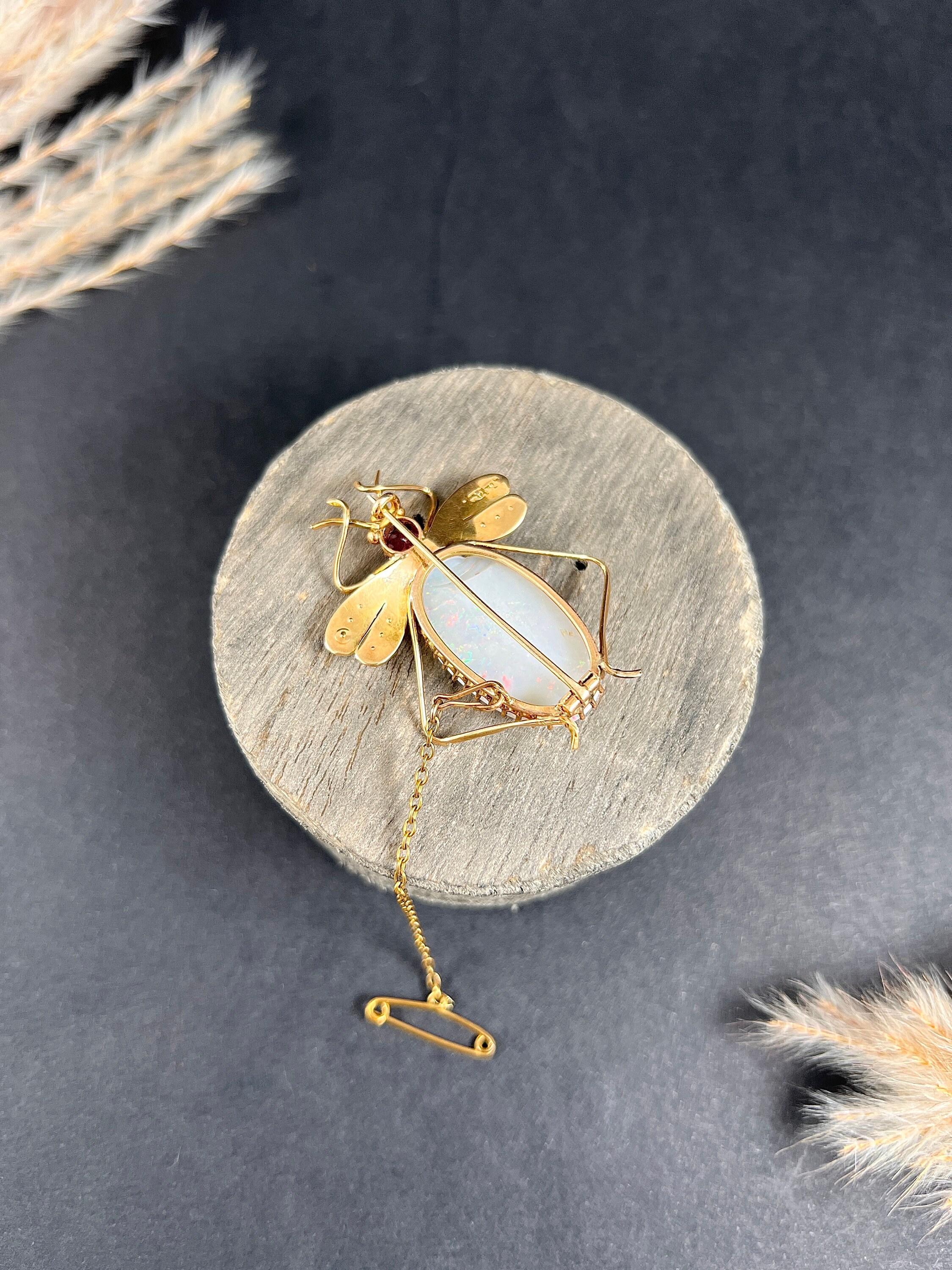 Women's or Men's 15ct Gold Stamped, Edwardian Almandine Garnet, Opal & Seed Pearl Bug Brooch For Sale