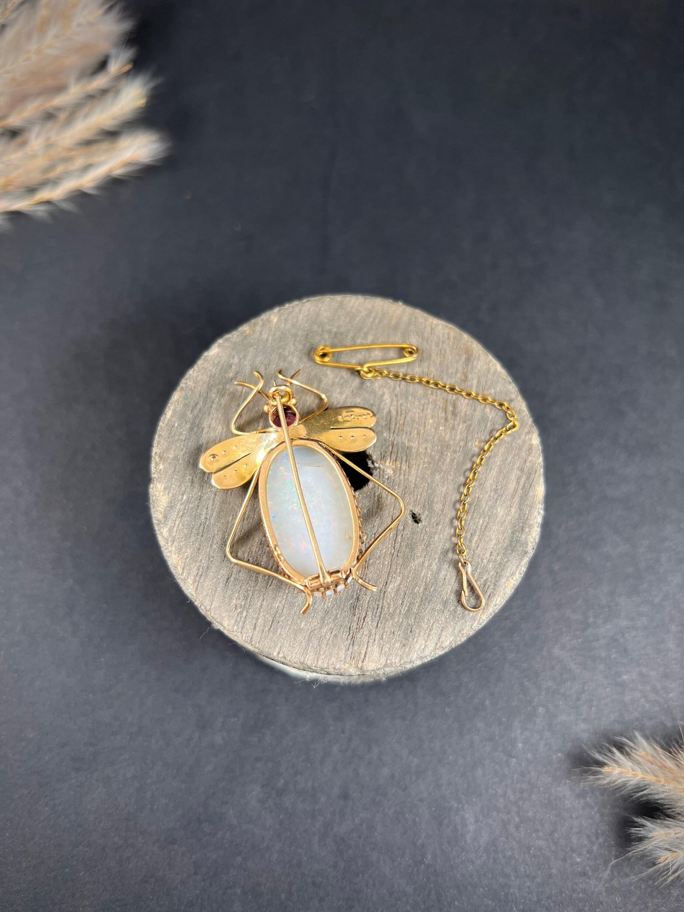 15ct Gold Stamped, Edwardian Almandine Garnet, Opal & Seed Pearl Bug Brooch For Sale 1