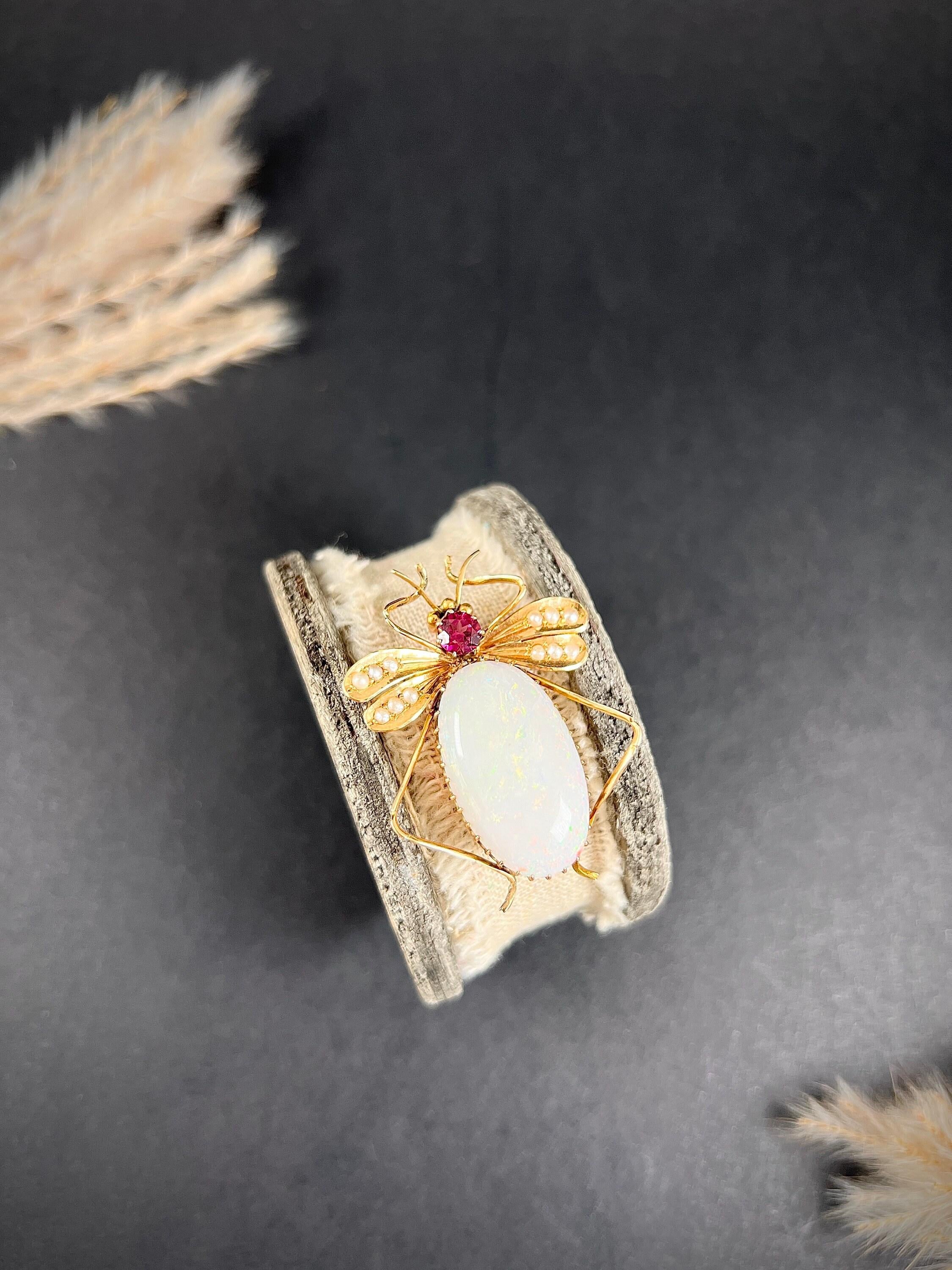 15ct Gold Stamped, Edwardian Almandine Garnet, Opal & Seed Pearl Bug Brooch For Sale 2