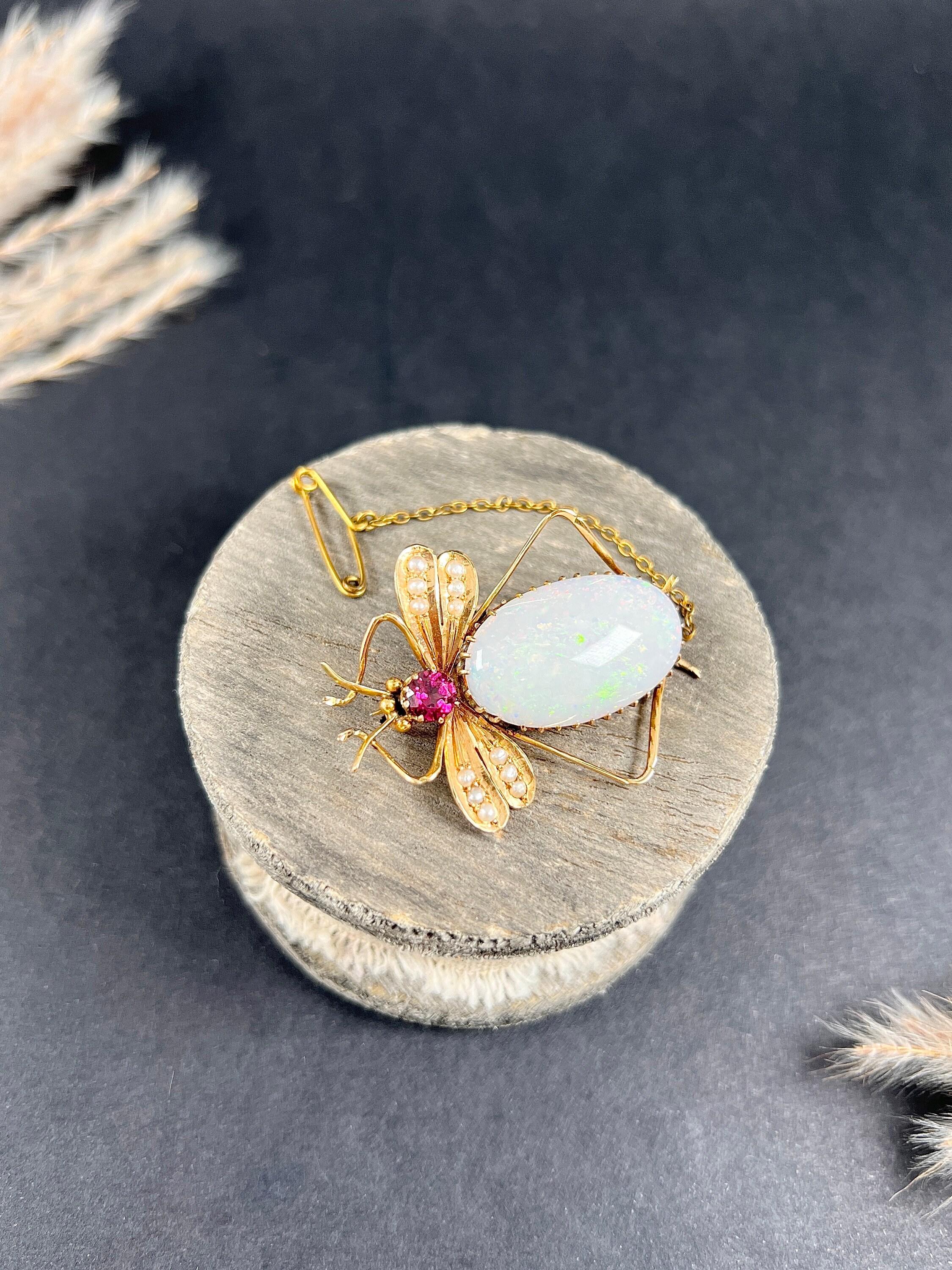 15ct Gold Stamped, Edwardian Almandine Garnet, Opal & Seed Pearl Bug Brooch For Sale 3