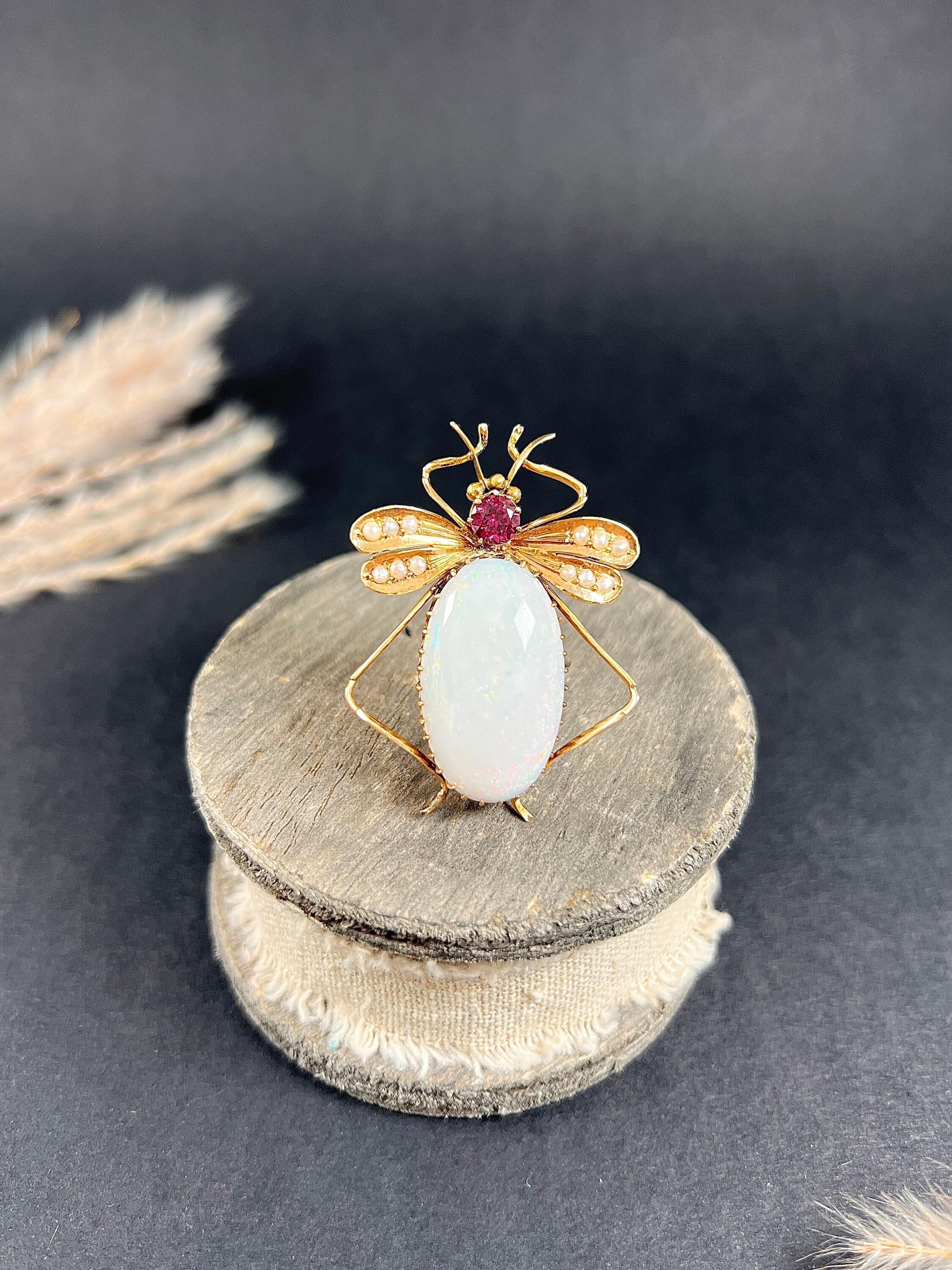 15ct Gold Stamped, Edwardian Almandine Garnet, Opal & Seed Pearl Bug Brooch For Sale 4