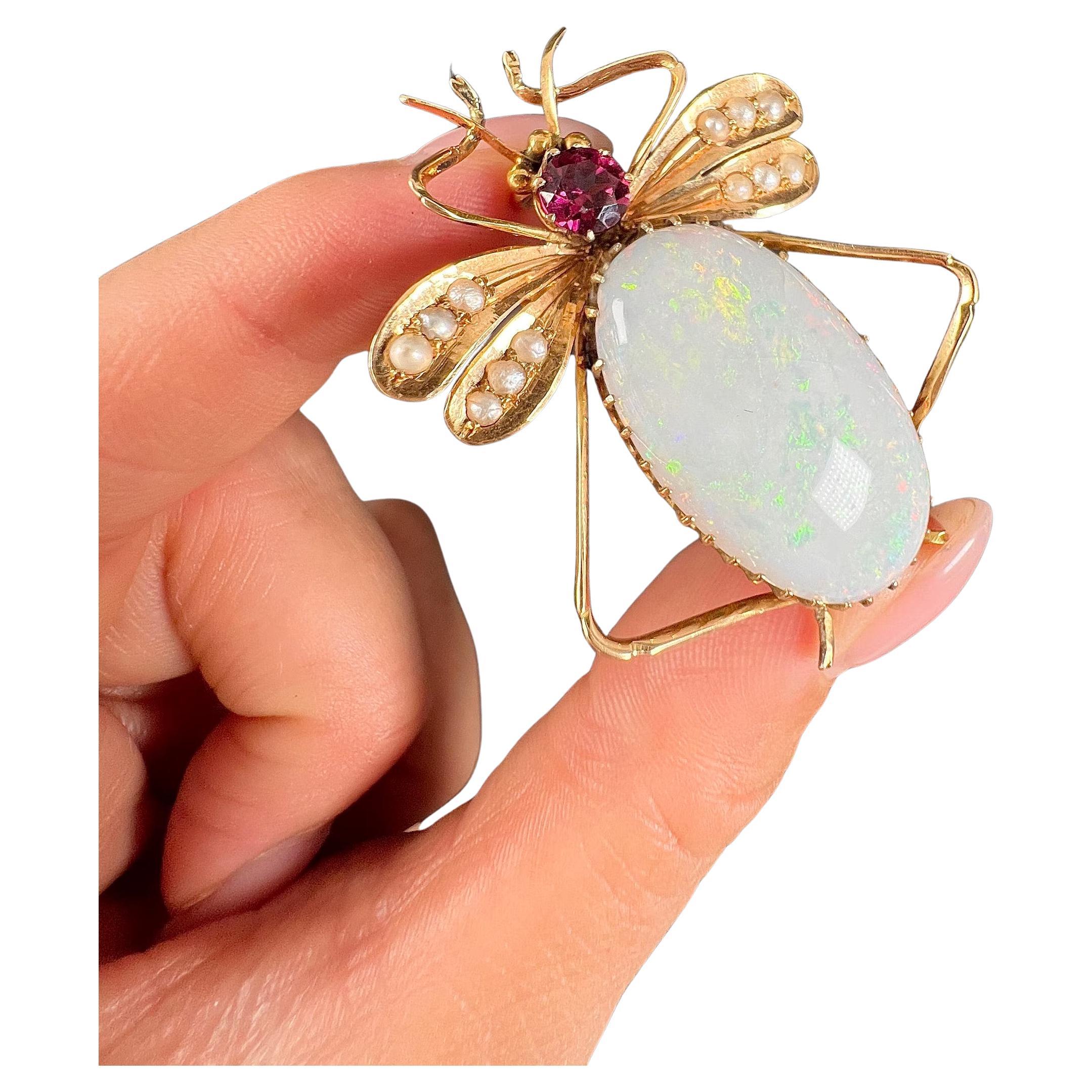 15ct Gold Stamped, Edwardian Almandine Garnet, Opal & Seed Pearl Bug Brooch For Sale