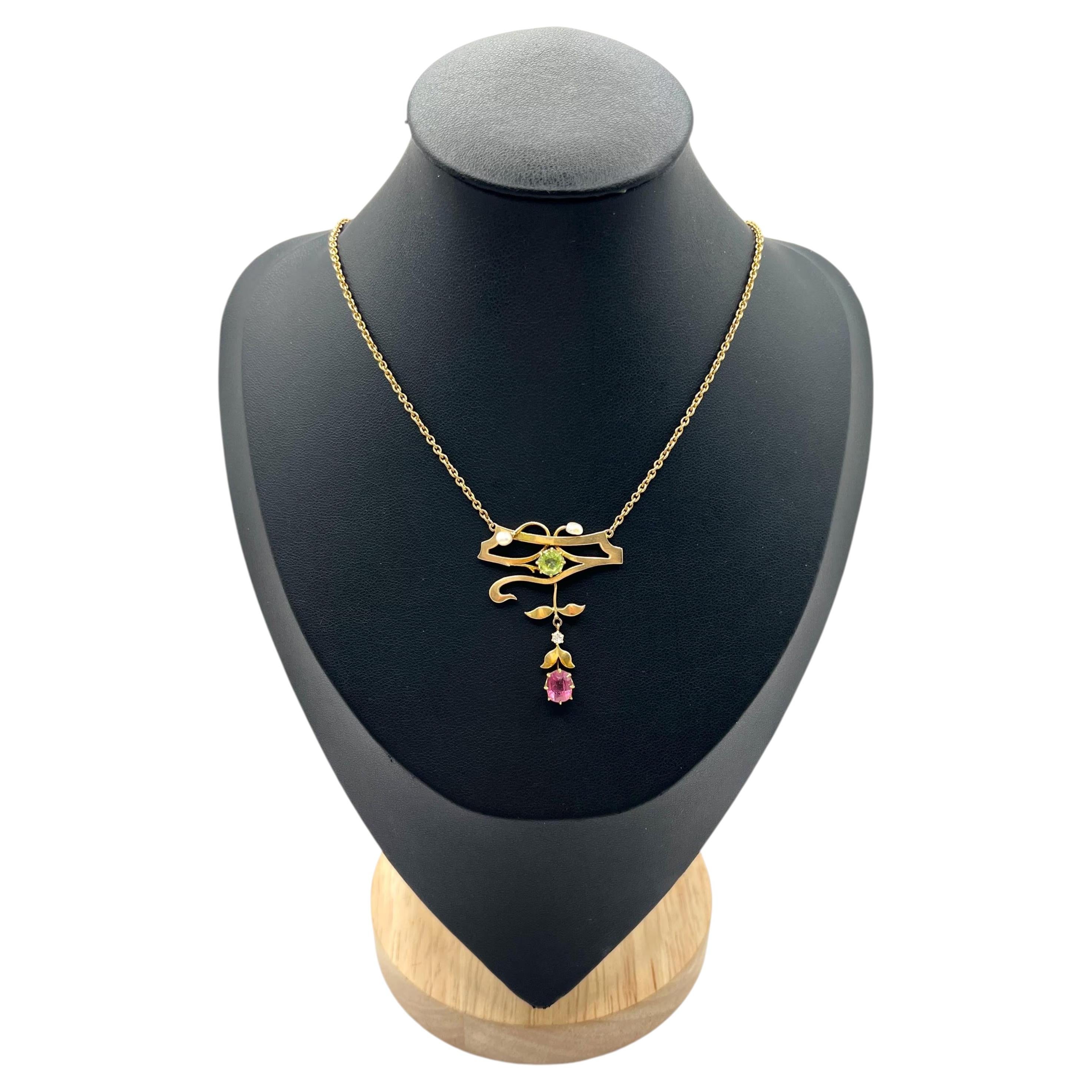 15ct Gold Suffragette Pendant Necklace with Tourmaline Peridot, Diamond & Pearls