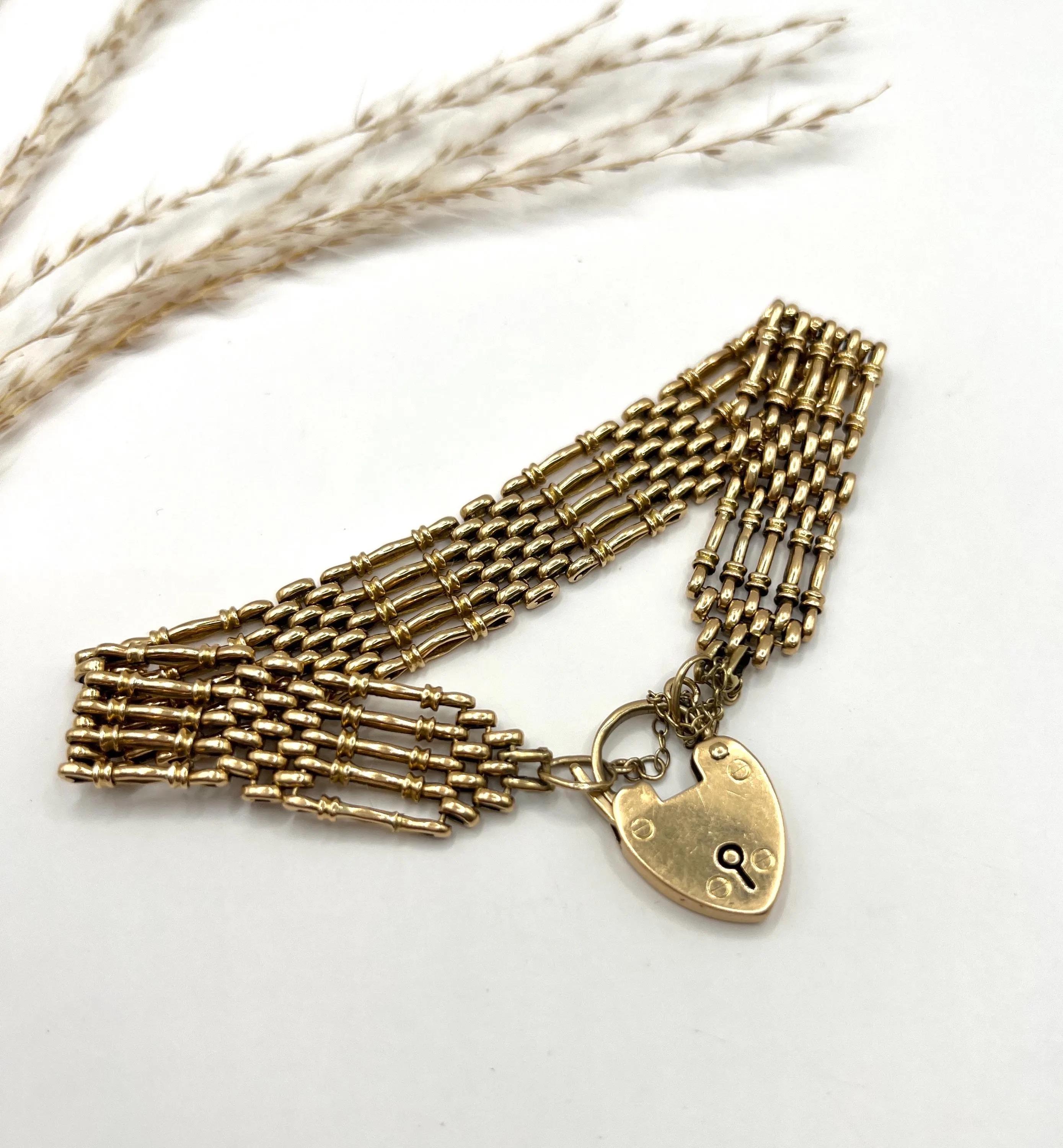 Femenino o masculino Pulsera victoriana de oro de 15 quilates, de cinco filas y cinco pulgadas, con cierre de candado en forma de corazón en venta
