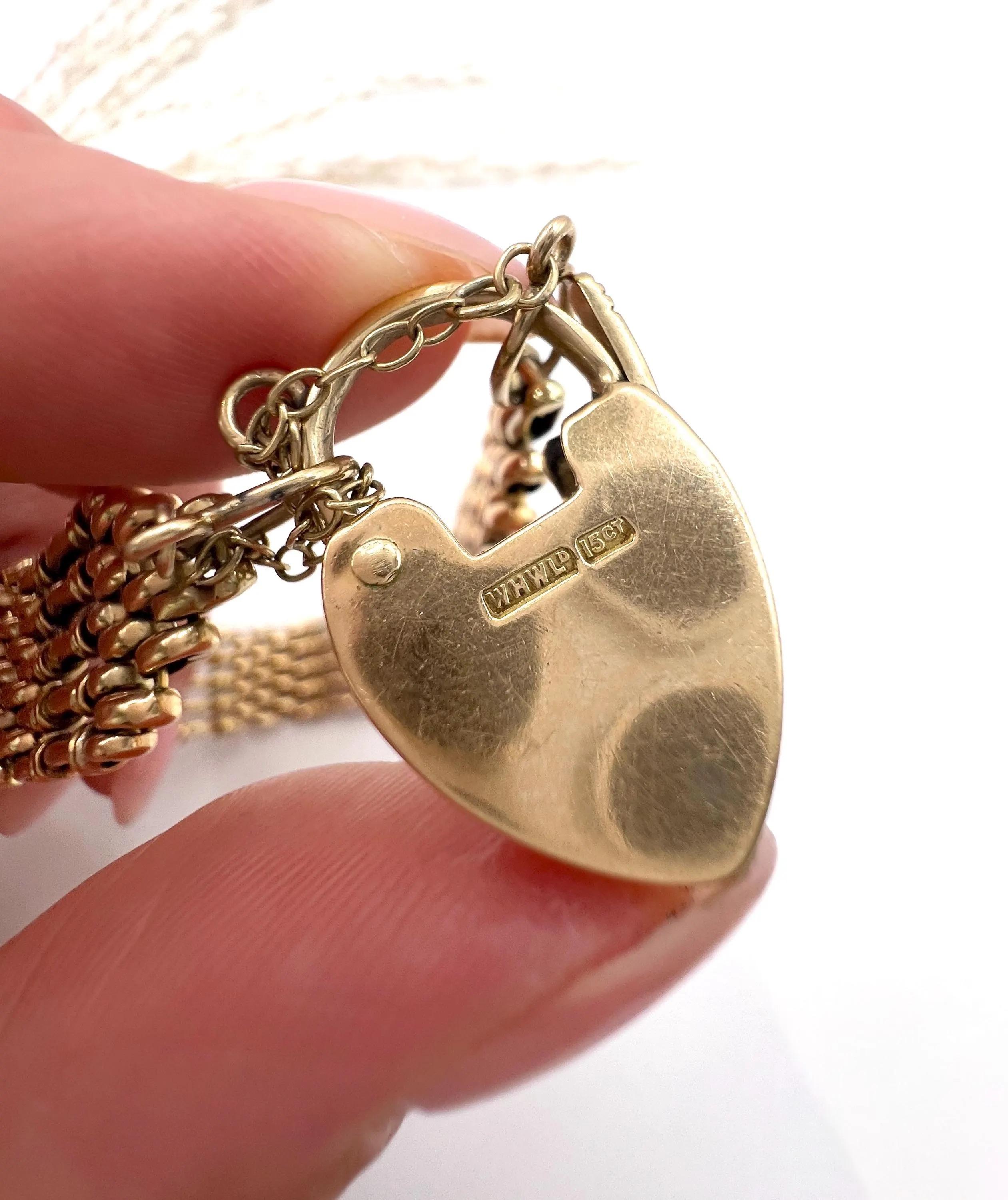 Pulsera victoriana de oro de 15 quilates, de cinco filas y cinco pulgadas, con cierre de candado en forma de corazón en venta 2