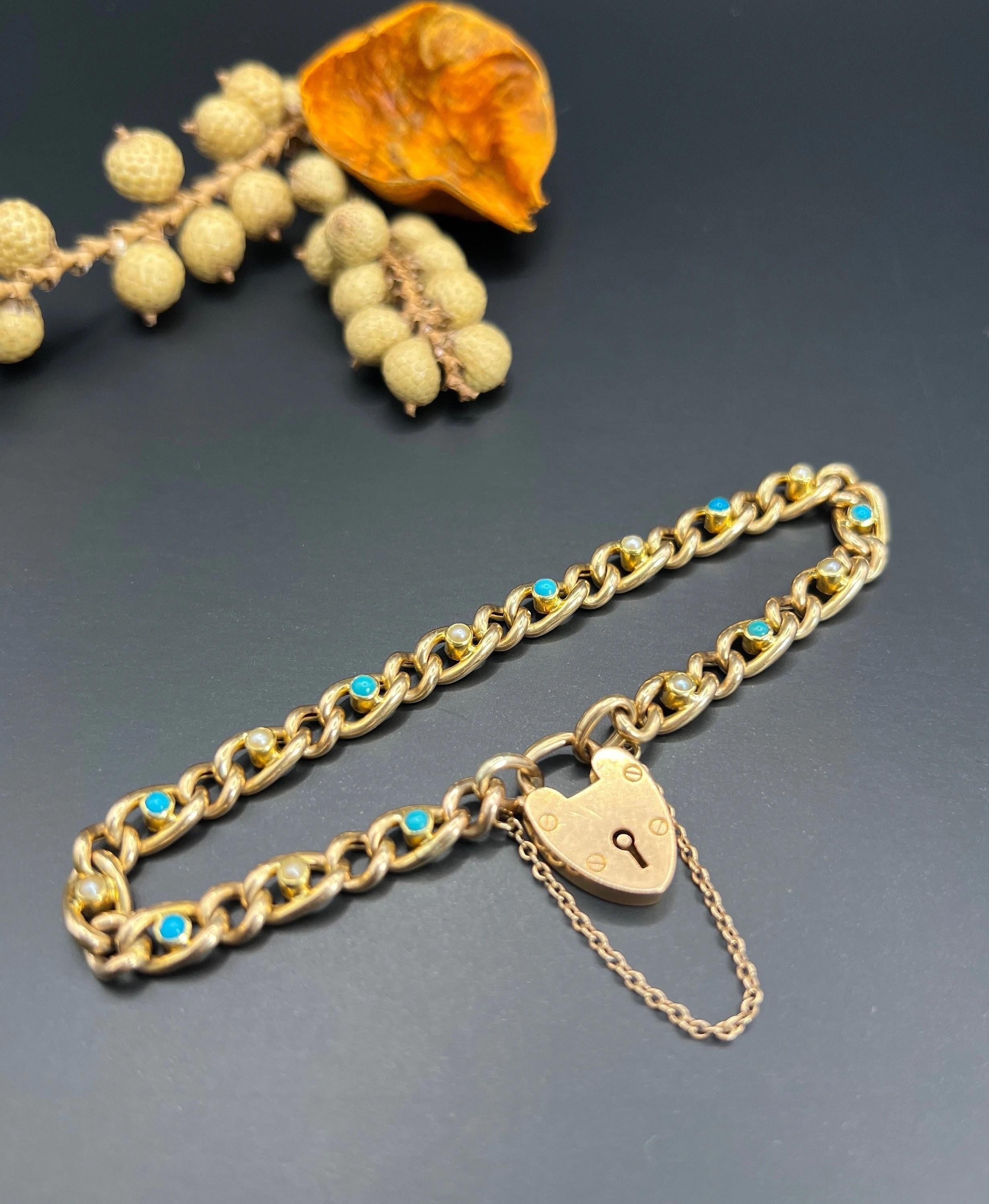 15ct Gold Victorian, Curb Link Turquoise & Pearl Bracelet, Heart Padlock Clasp For Sale 5