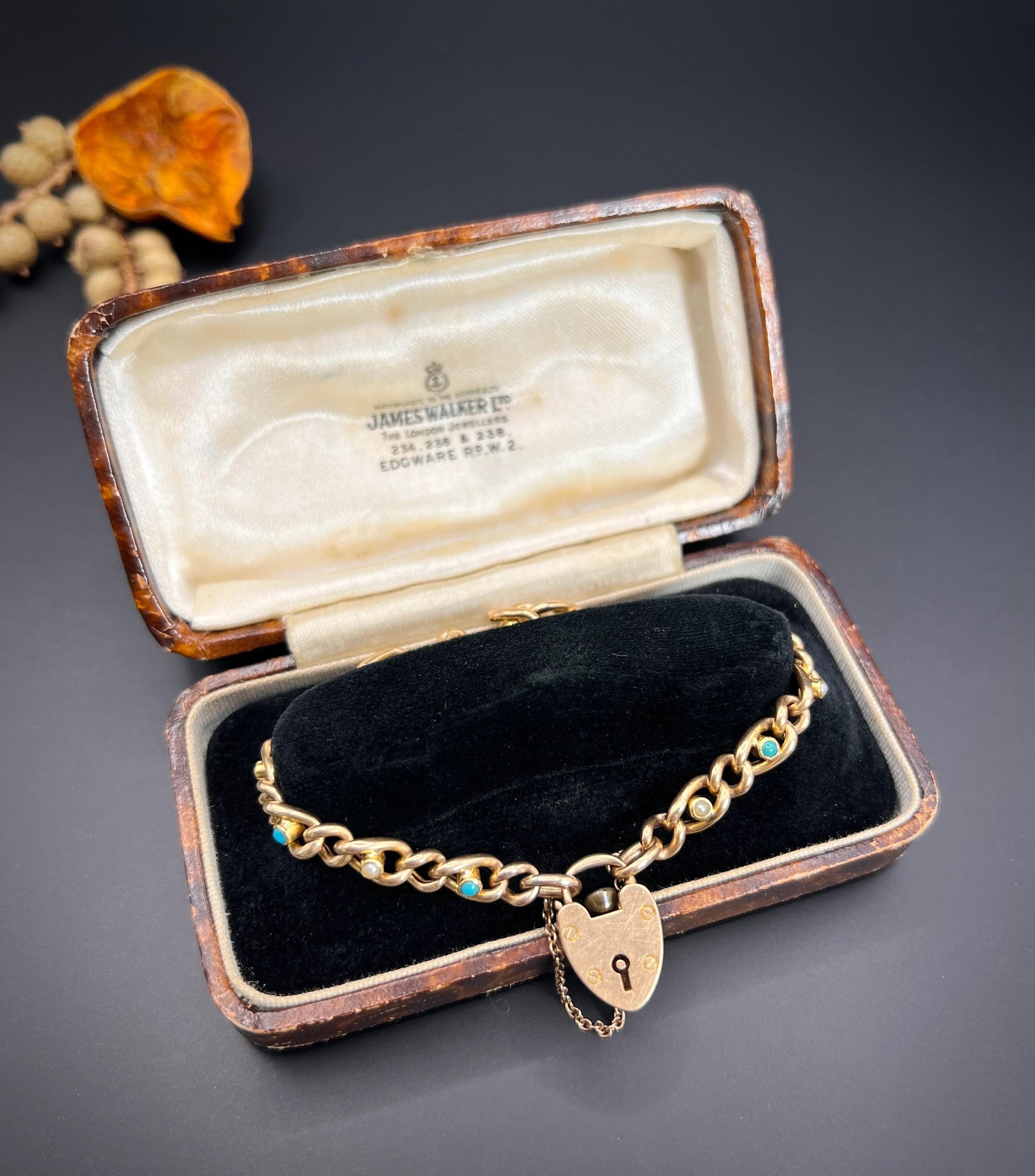 15ct Gold Victorian, Curb Link Turquoise & Pearl Bracelet, Heart Padlock Clasp For Sale 1