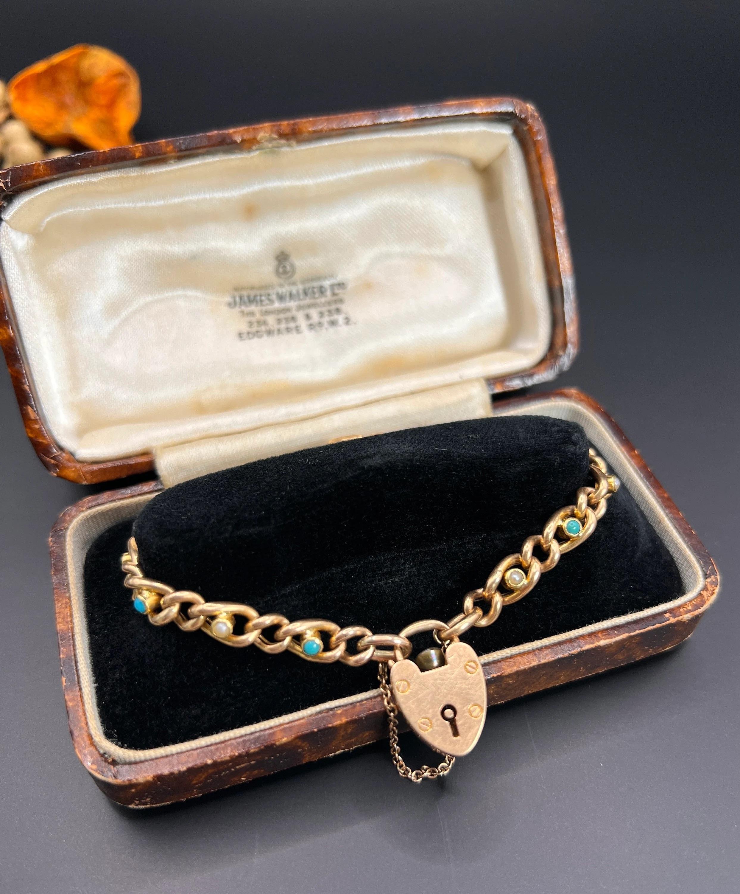 15ct Gold Victorian, Curb Link Turquoise & Pearl Bracelet, Heart Padlock Clasp For Sale 2