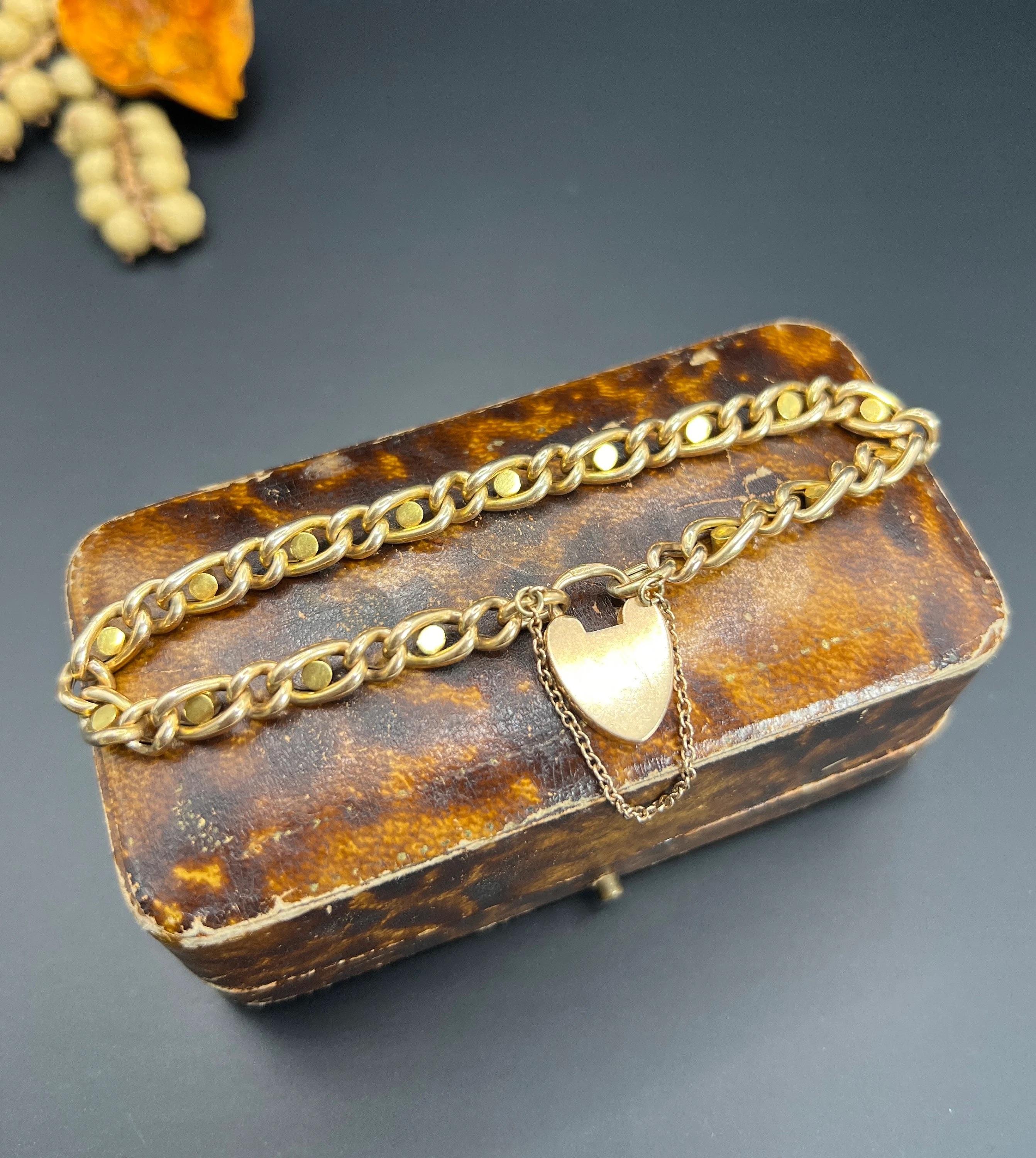 15ct Gold Victorian, Curb Link Turquoise & Pearl Bracelet, Heart Padlock Clasp For Sale 3
