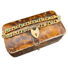 15ct Gold Victorian, Curb Link Turquoise & Pearl Bracelet, Heart Padlock Clasp