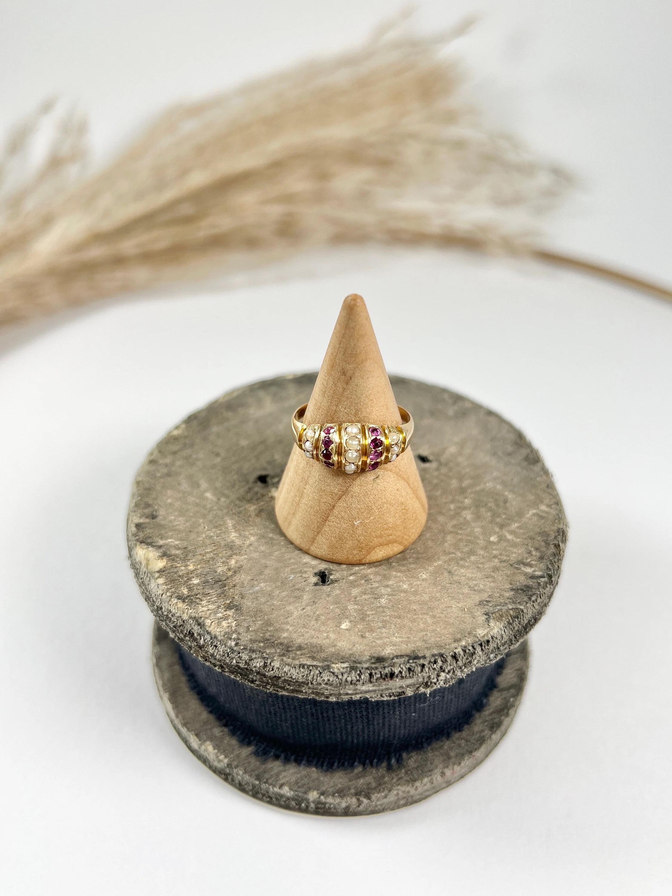 Round Cut 15ct  Gold, Victorian Dome Shaped Ruby & Pearl Ring, Hallmarked Birmingham 1876