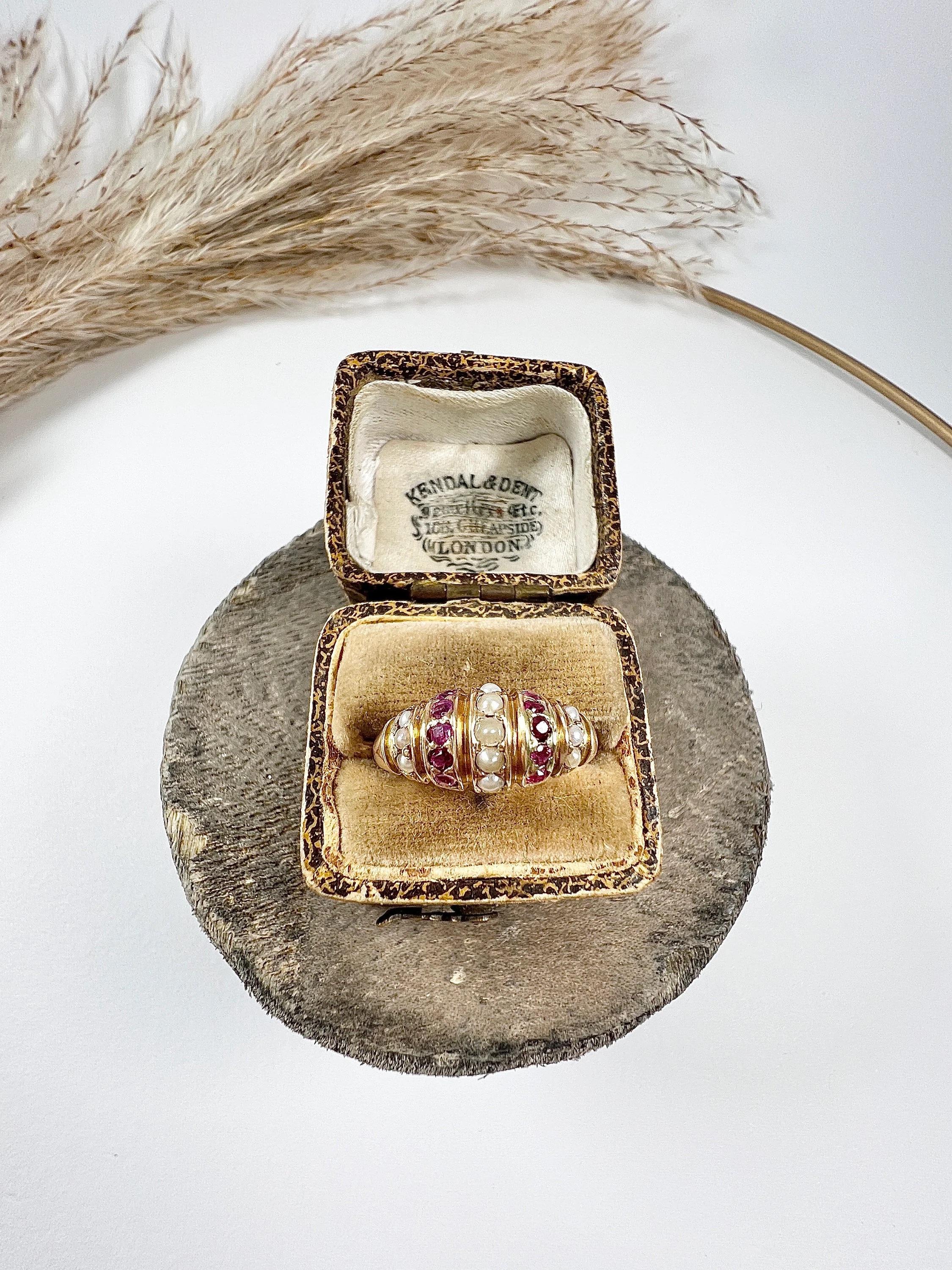 15ct  Gold, Victorian Dome Shaped Ruby & Pearl Ring, Hallmarked Birmingham 1876 In Good Condition In Brighton, GB