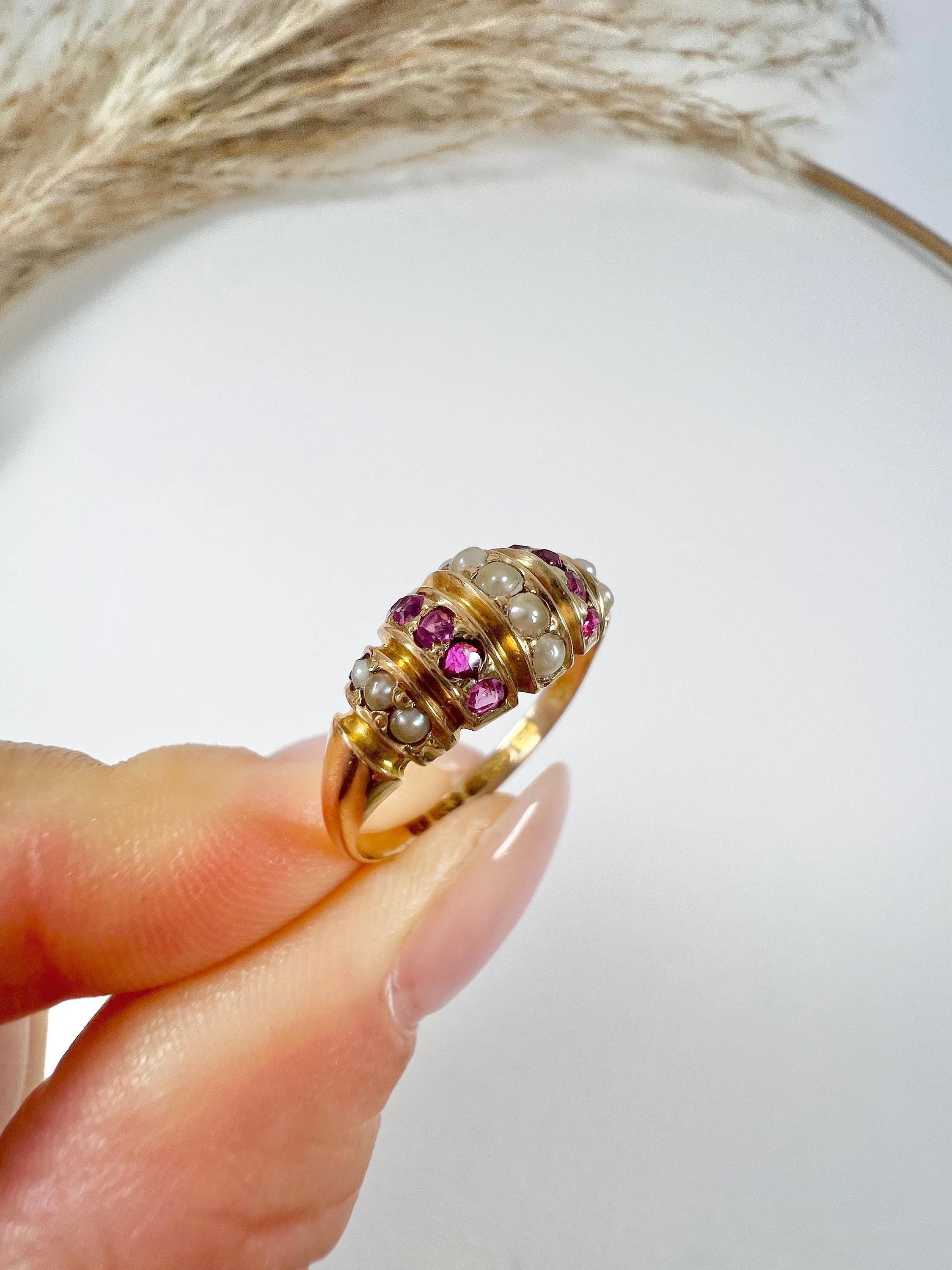 Women's or Men's 15ct  Gold, Victorian Dome Shaped Ruby & Pearl Ring, Hallmarked Birmingham 1876