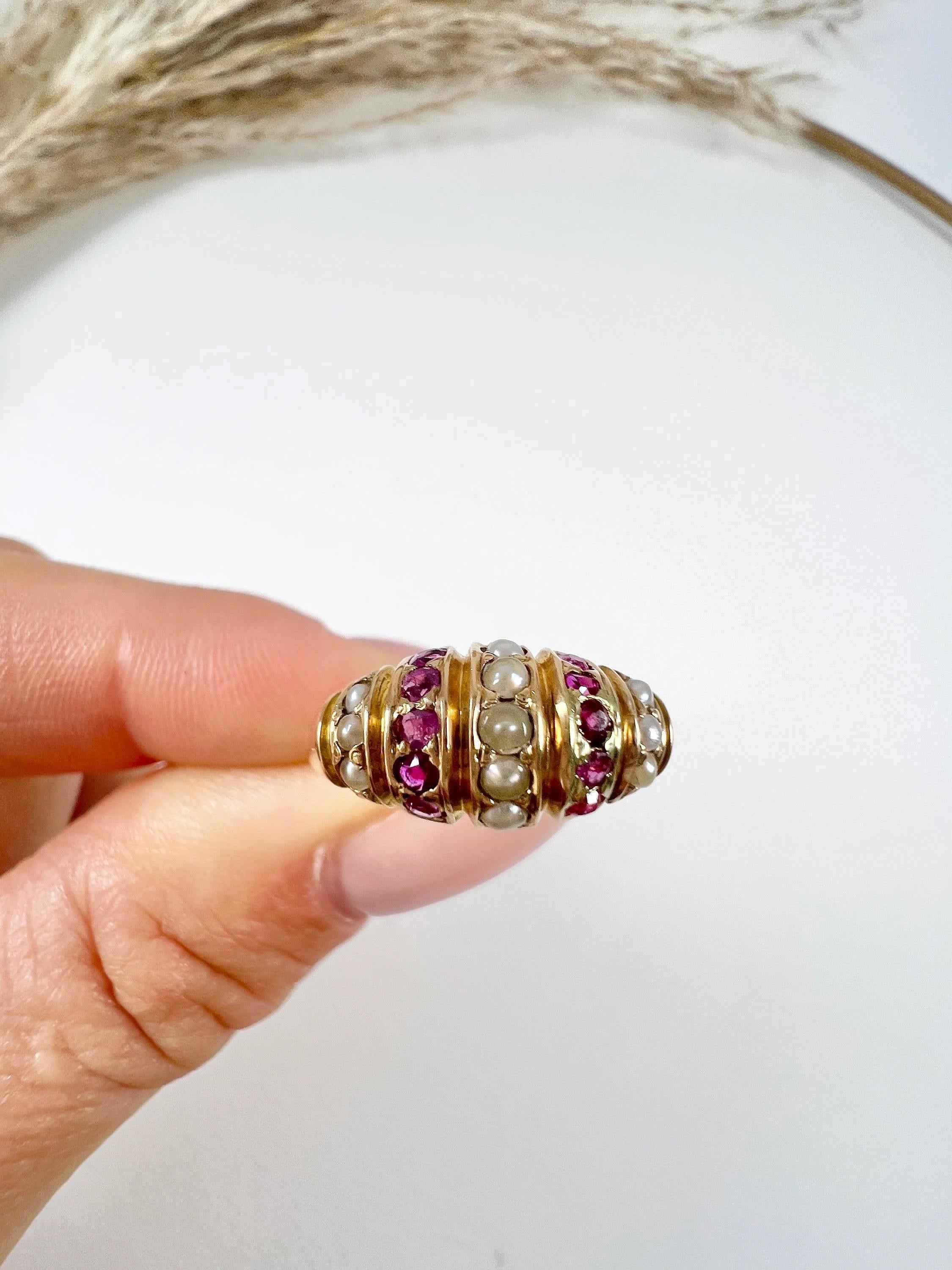 15ct  Gold, Victorian Dome Shaped Ruby & Pearl Ring, Hallmarked Birmingham 1876 1