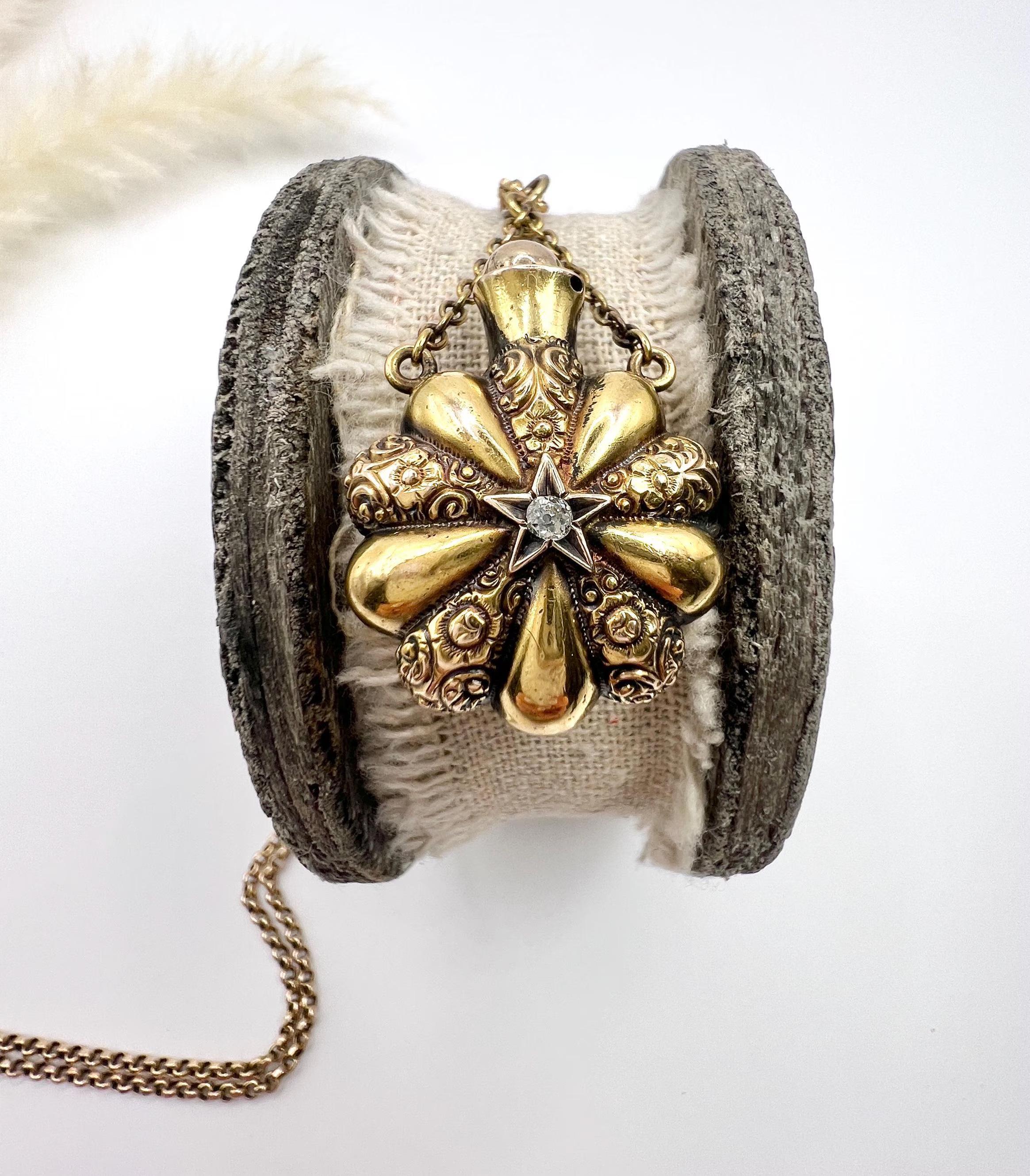 Old European Cut 15ct Gold, Victorian Floral Decorated, Star Set Diamond Perfume Bottle Pendent For Sale