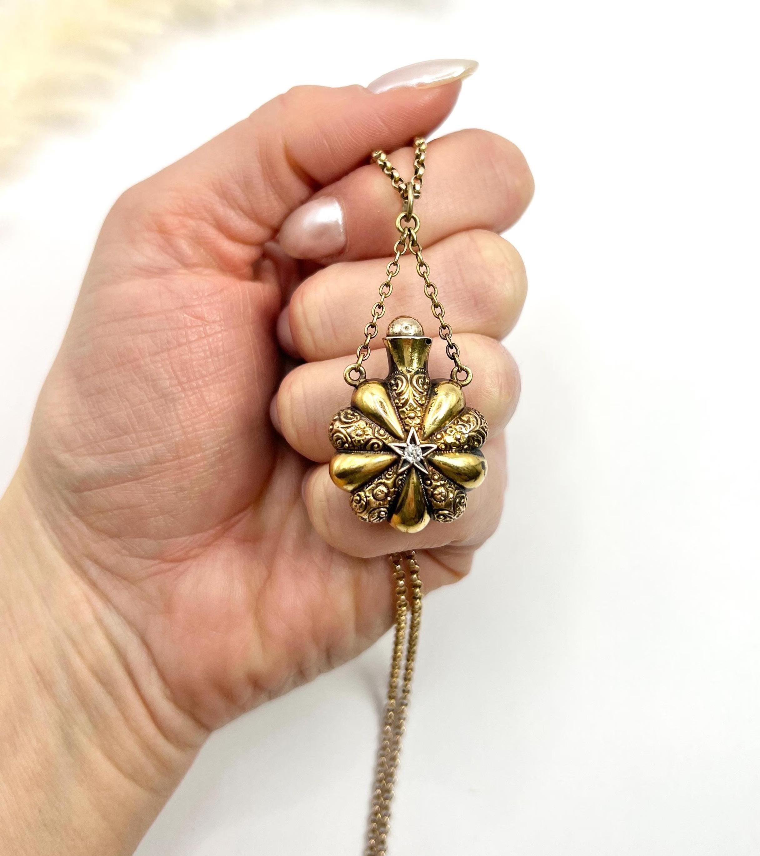 Women's or Men's 15ct Gold, Victorian Floral Decorated, Star Set Diamond Perfume Bottle Pendent For Sale