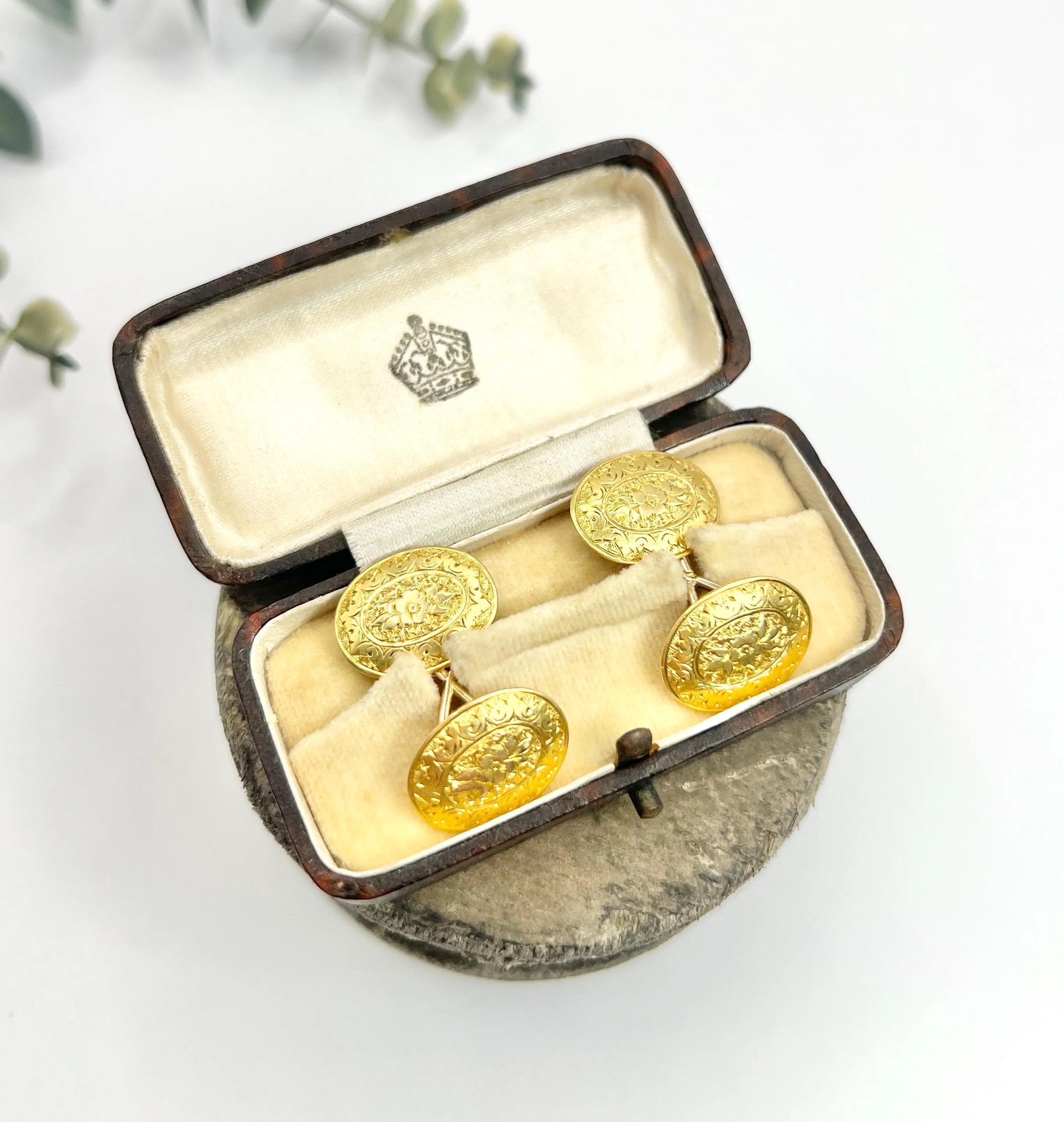 Gemelli da polso ovali con motivo floreale in oro 15ct con marchio Birmingham 1893 In condizioni buone in vendita a Brighton, GB