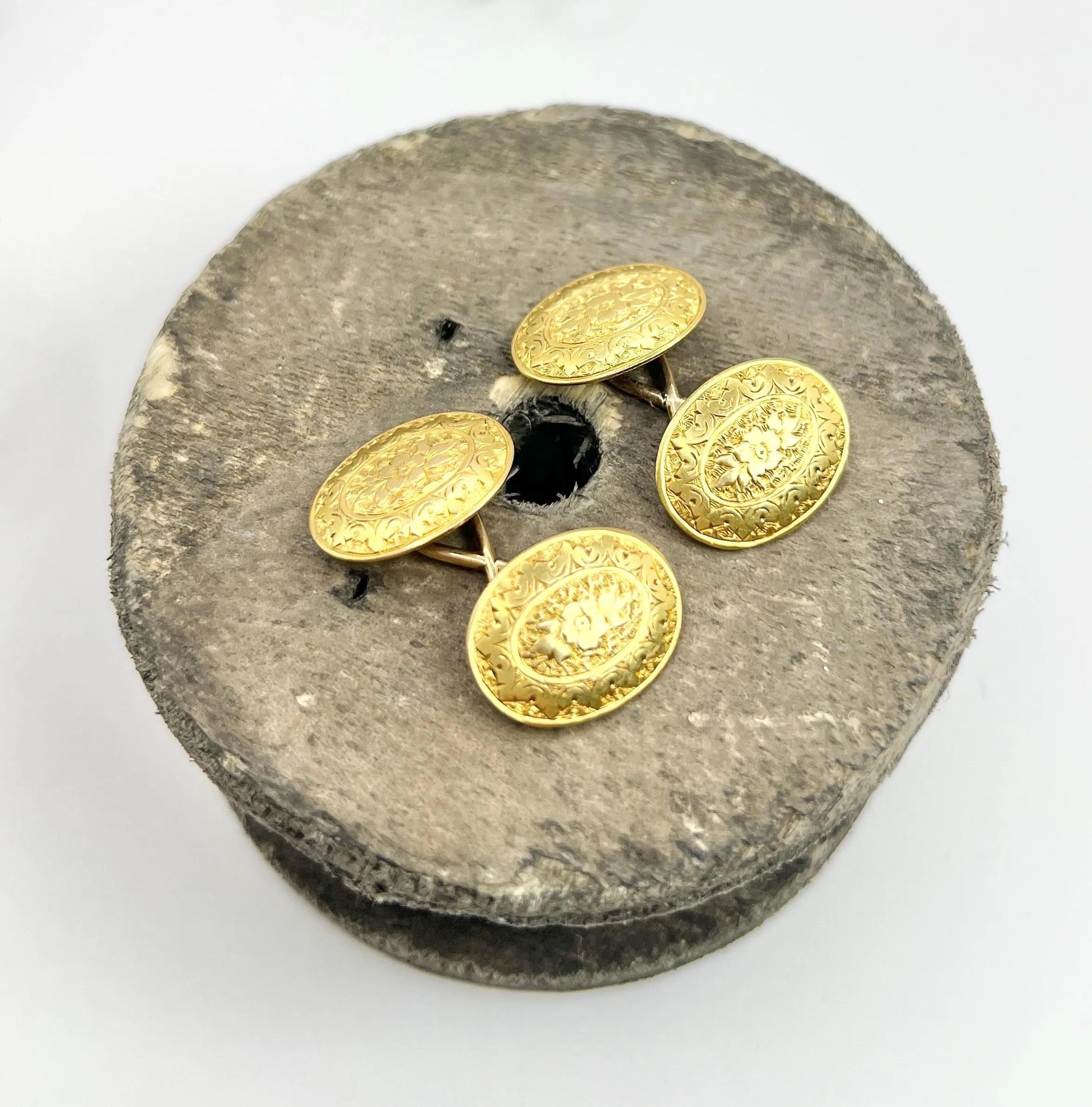 da uomo o donna Gemelli da polso ovali con motivo floreale in oro 15ct con marchio Birmingham 1893 in vendita