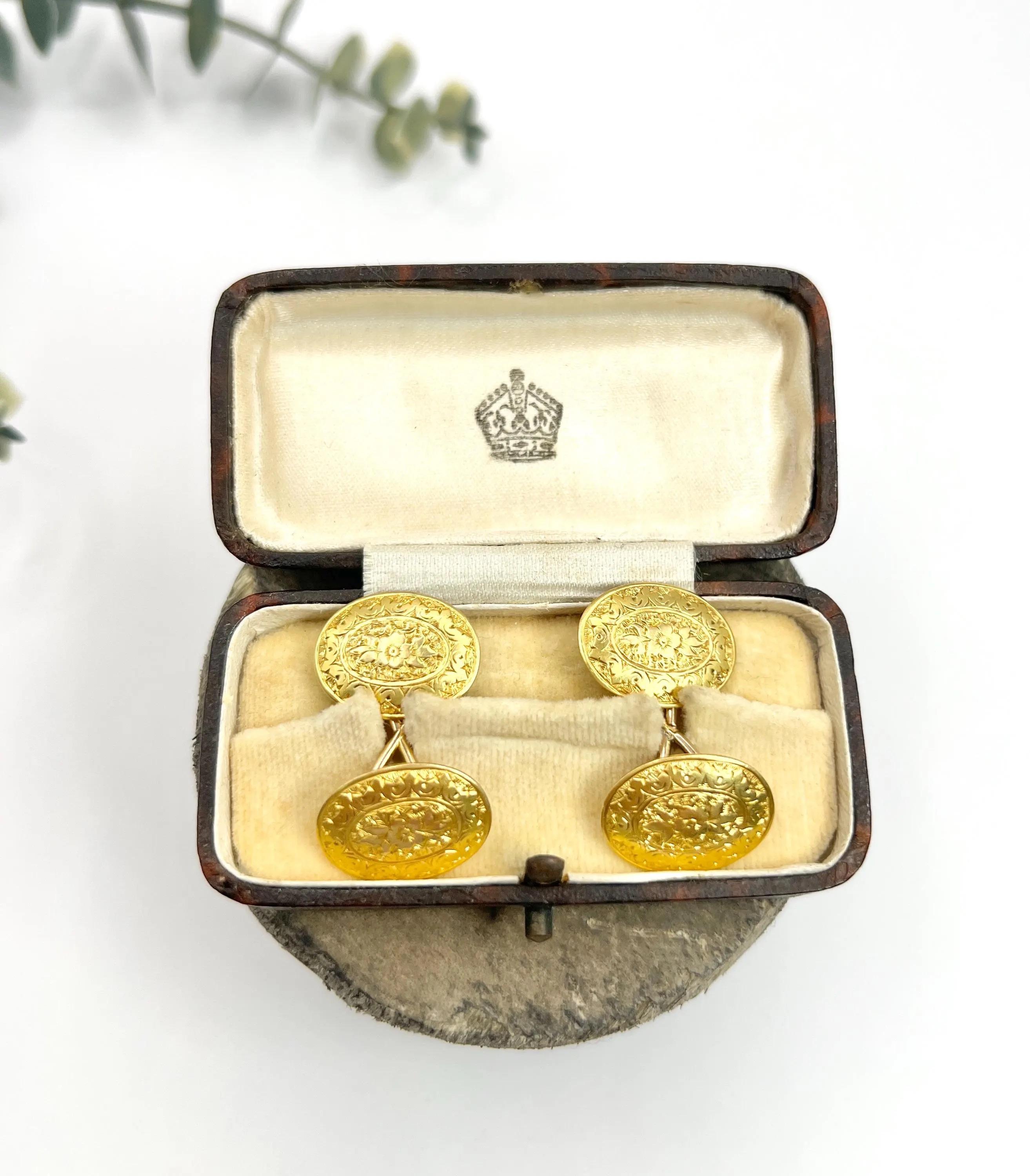 Gemelli da polso ovali con motivo floreale in oro 15ct con marchio Birmingham 1893 in vendita 2