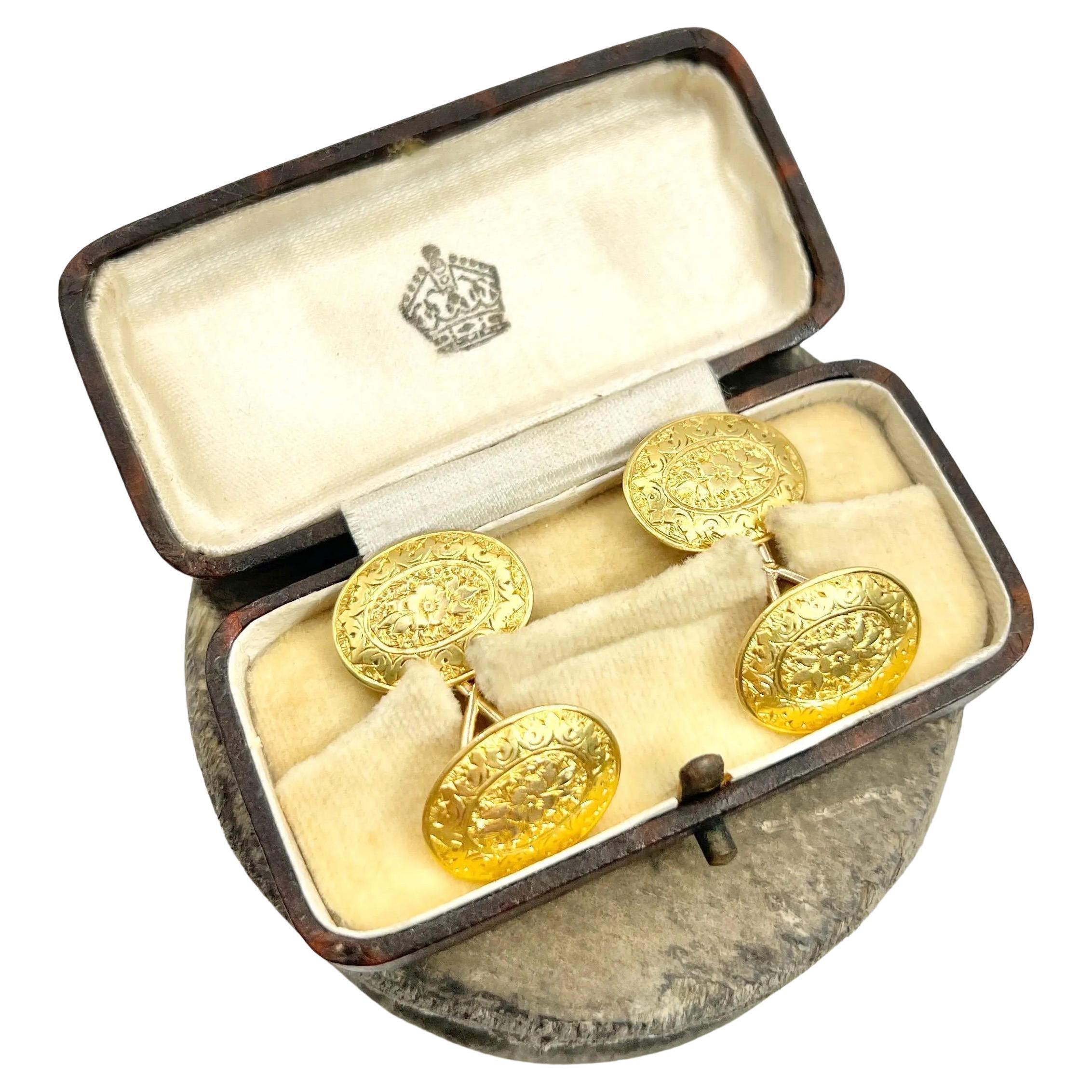 15ct Gold Victorian Floral Patterned Oval Cufflinks Hallmarked Birmingham 1893