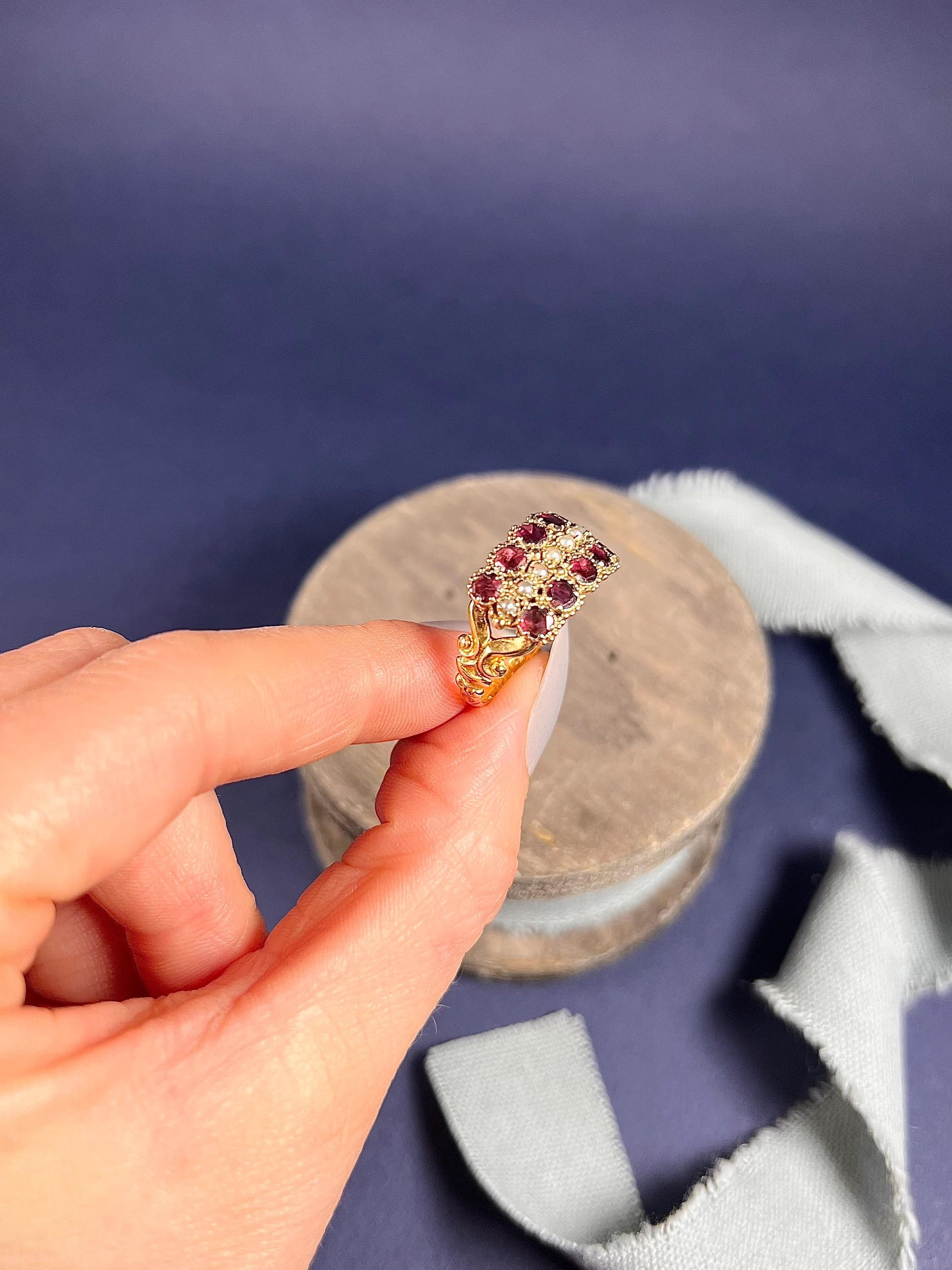15ct Gold Victorian Garnet & Seed Pearl Triple Row Ring With Scrolled Shoulders For Sale 6