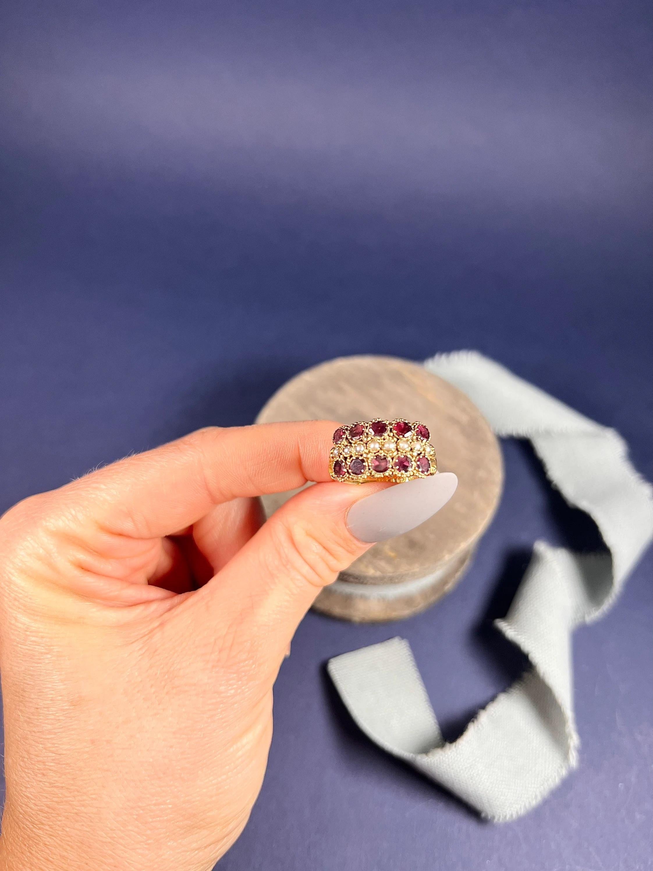 Women's or Men's 15ct Gold Victorian Garnet & Seed Pearl Triple Row Ring With Scrolled Shoulders For Sale