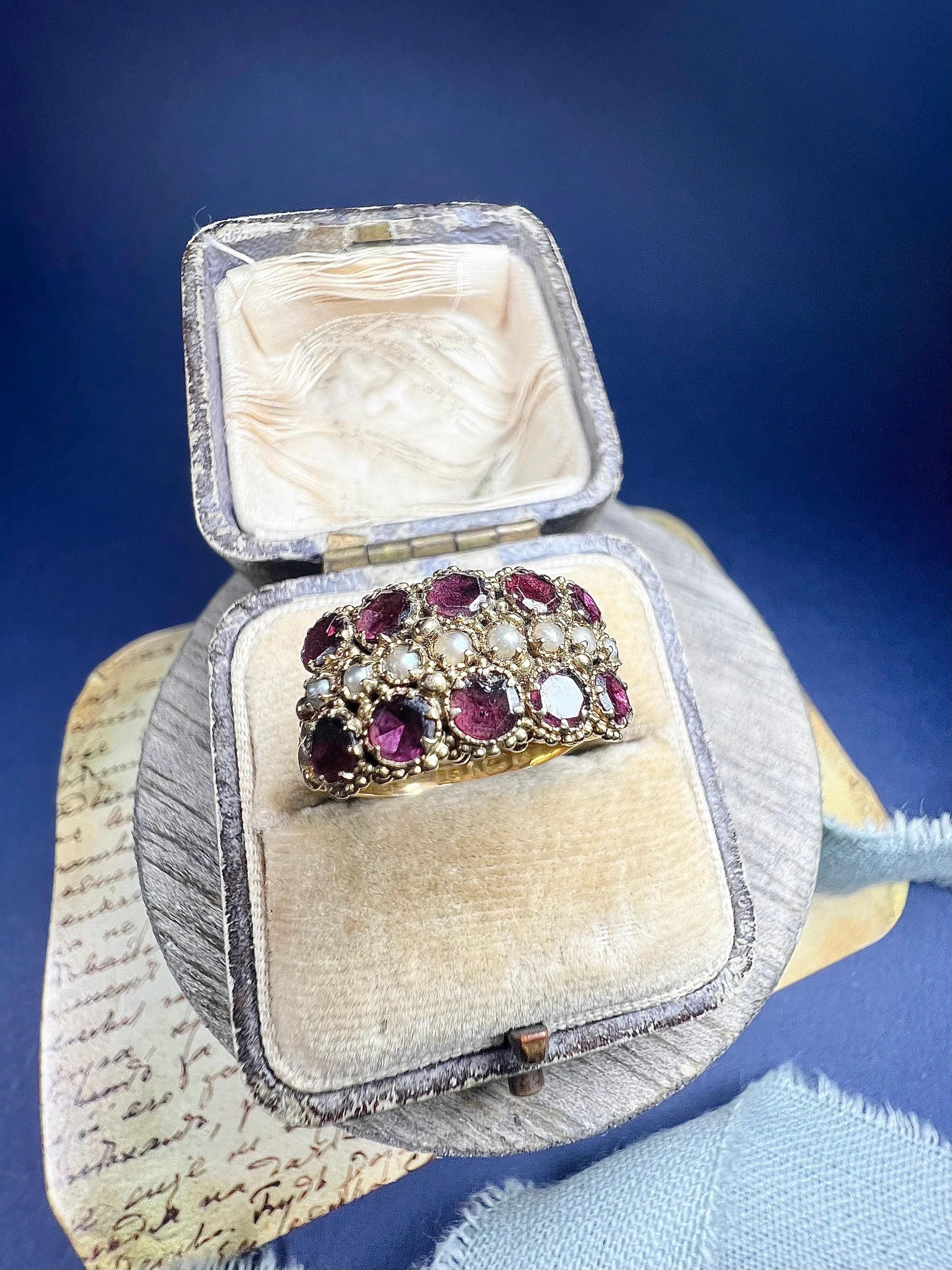 15ct Gold Victorian Garnet & Seed Pearl Triple Row Ring With Scrolled Shoulders For Sale 2