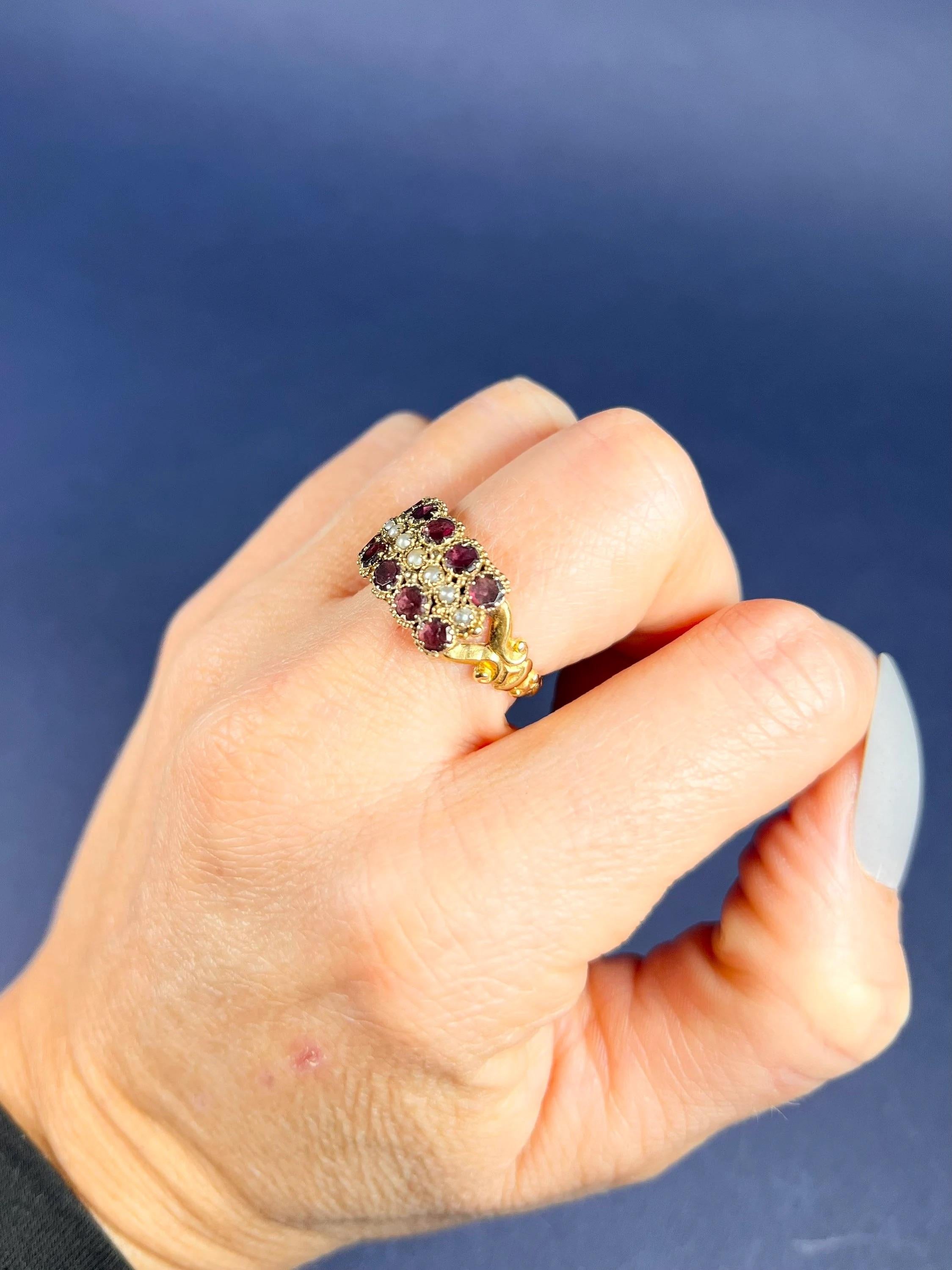 15ct Gold Victorian Garnet & Seed Pearl Triple Row Ring With Scrolled Shoulders For Sale 3