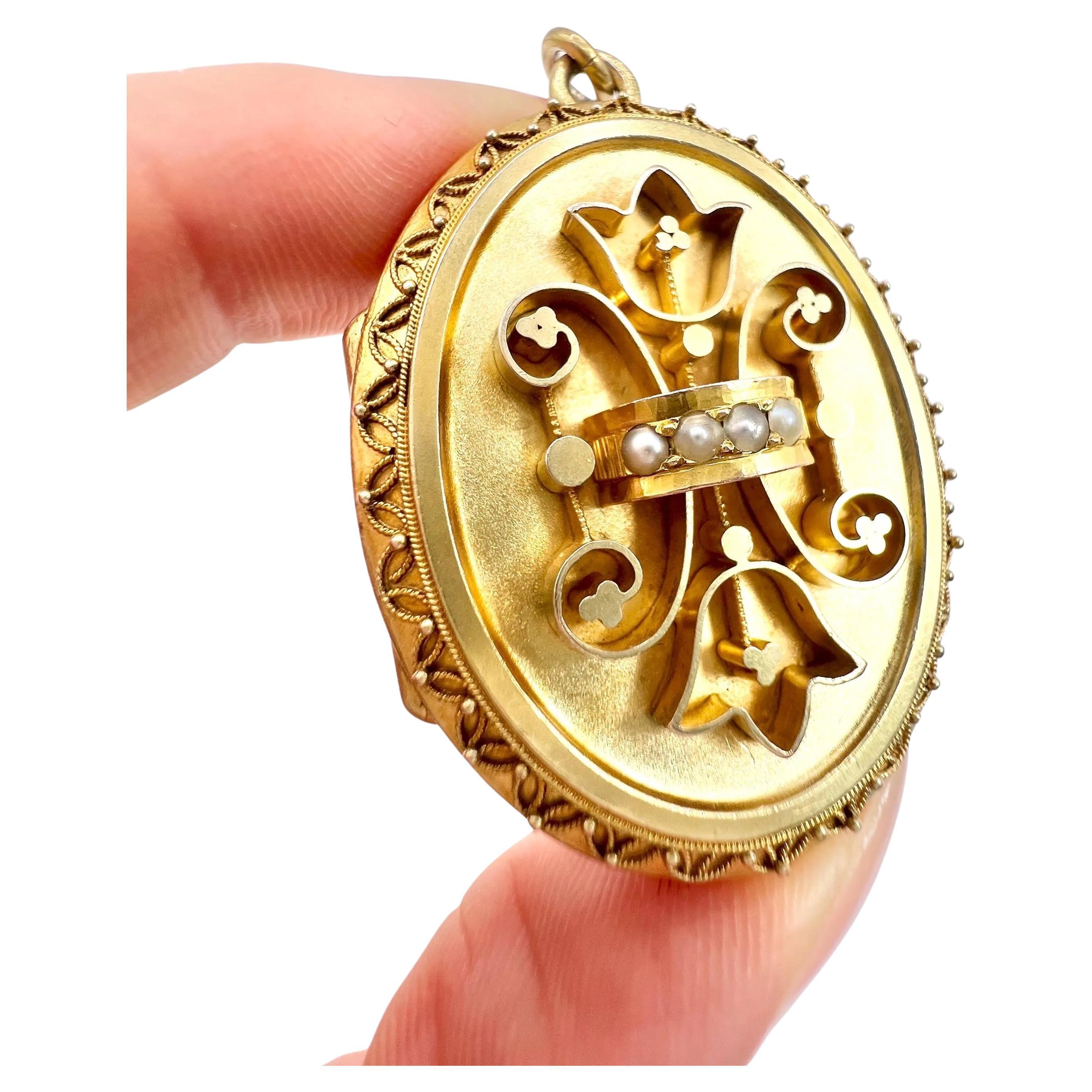 15ct Gold Victorian Gold Oval Shaped Locket with Seed Pears & Etruscan Gold Work