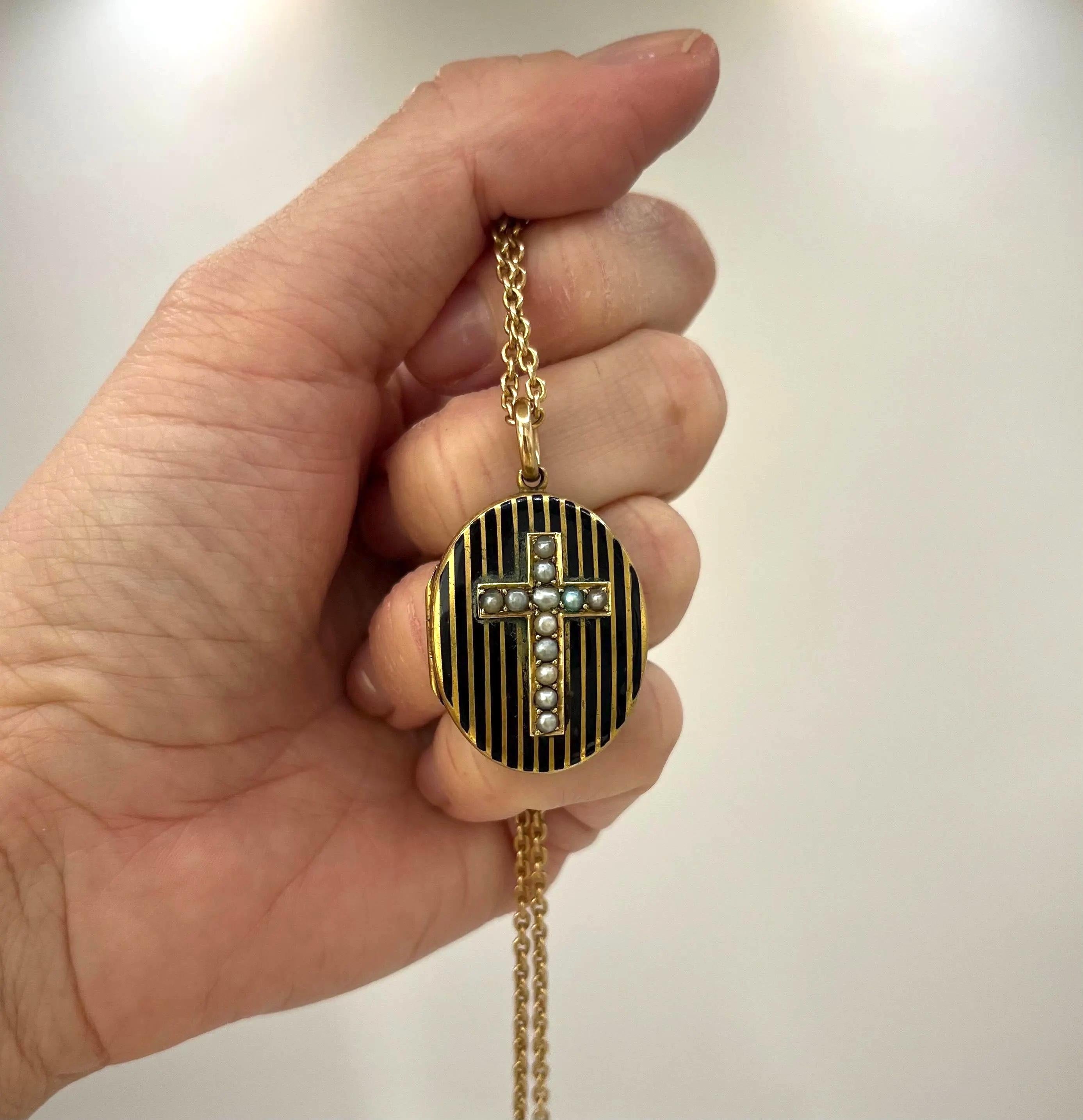 Round Cut 15ct Gold Victorian Locket with Seed Pearl Cross and Black Enamel Circa 1880 For Sale