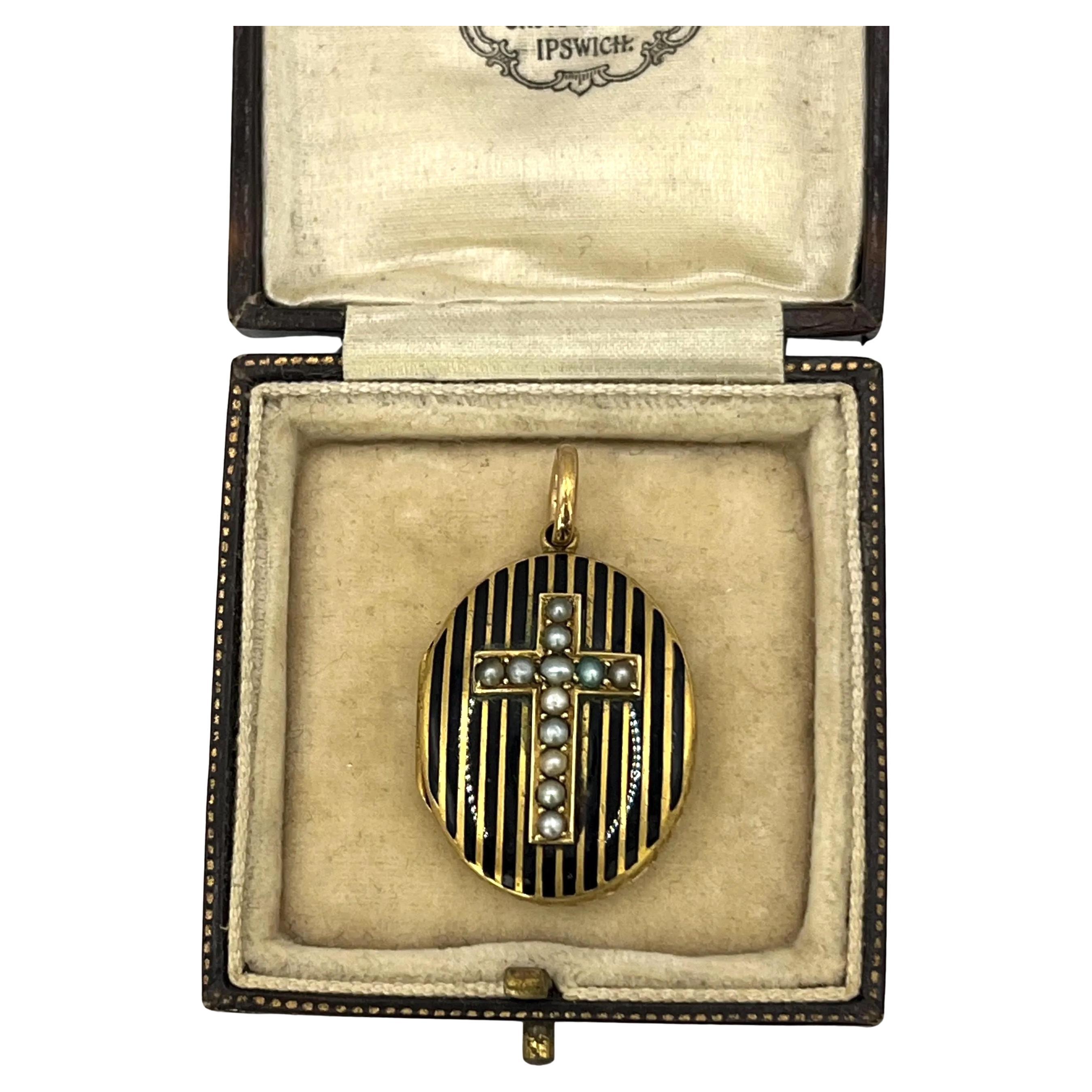 15ct Gold Victorian Locket with Seed Pearl Cross and Black Enamel Circa 1880 For Sale