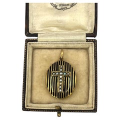 15ct Gold Victorian Locket with Seed Pearl Cross and Black Enamel Circa 1880