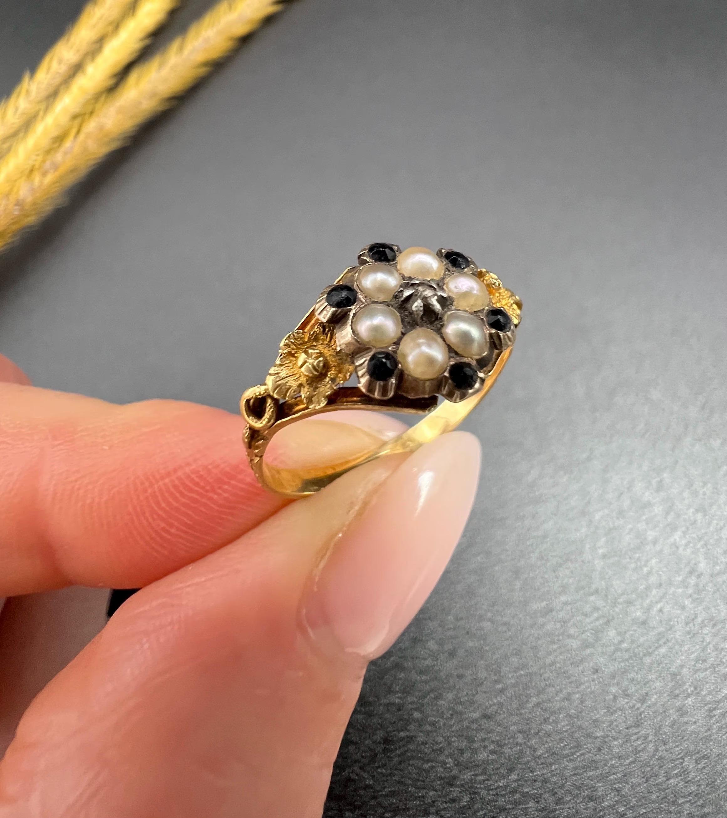 15ct Gold Victorian Onyx, Diamond & Seed Pearl Daisy Cluster Ring Locket Back For Sale 5