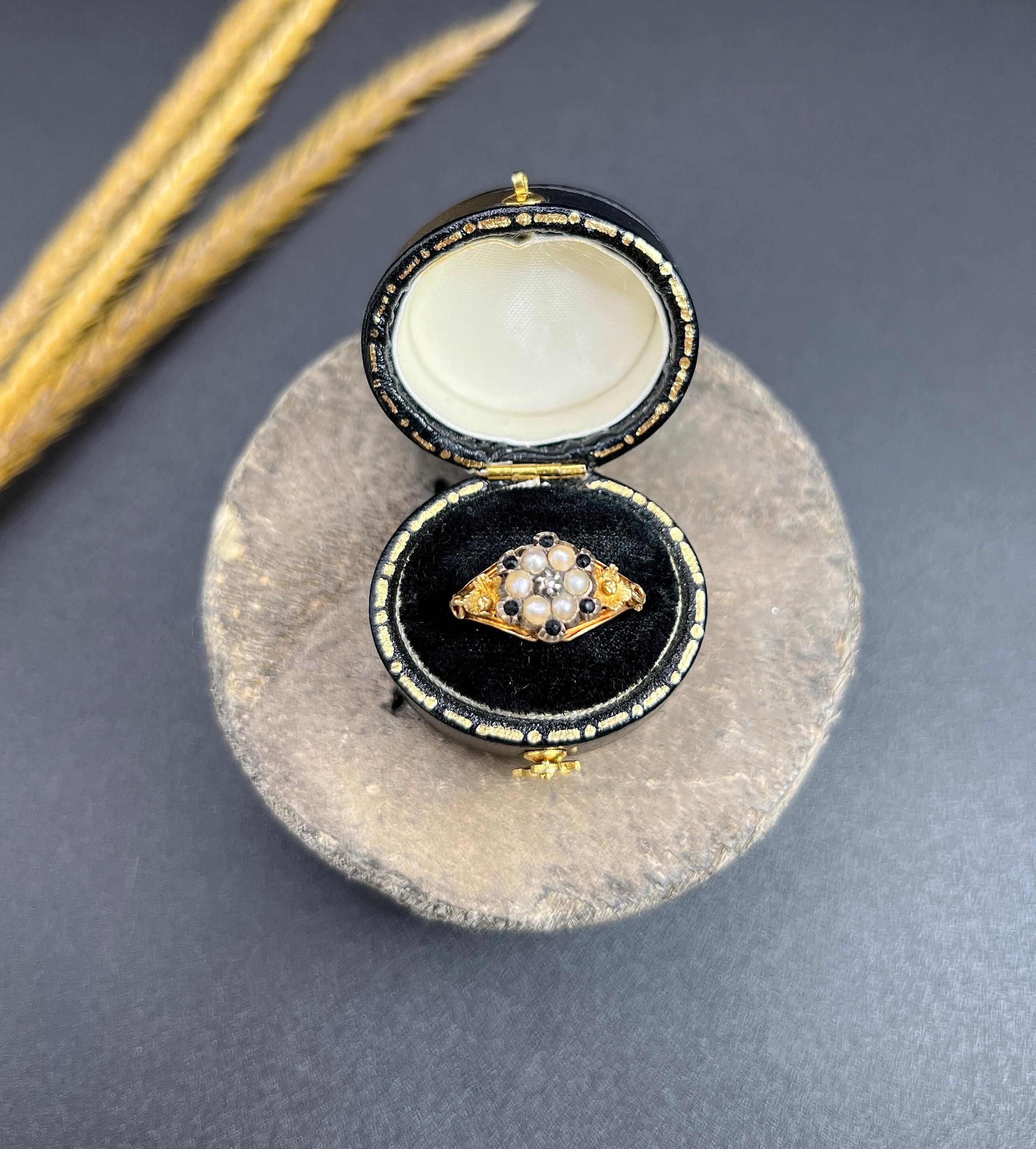 Antique Daisy Cluster Ring

15ct Gold

Circa 1860

This exquisite 15ct gold ring dates back to the early Victorian era and carries a deeply sentimental history as a mourning piece. The design features a delicate daisy cluster crafted from lustrous