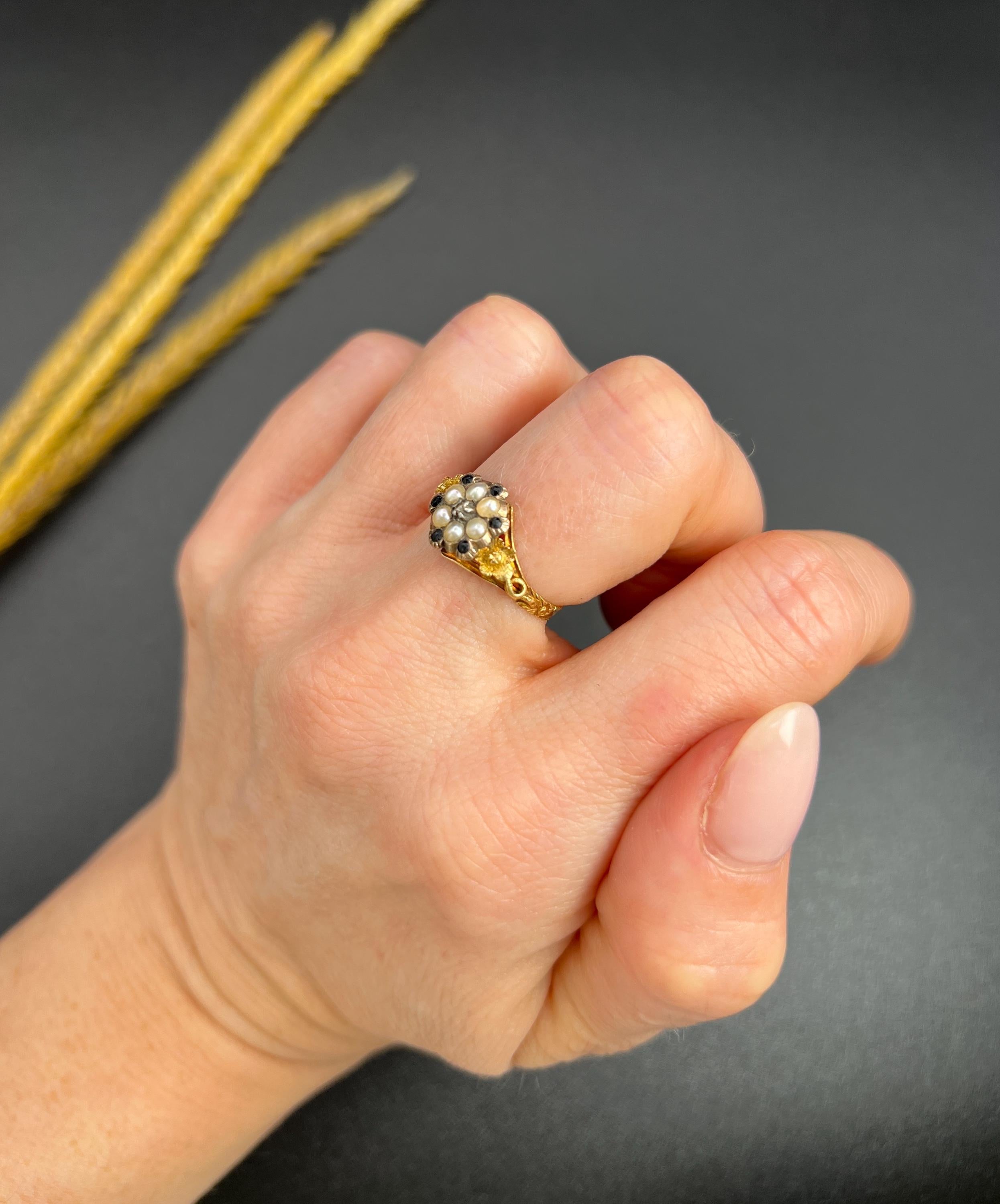 Round Cut 15ct Gold Victorian Onyx, Diamond & Seed Pearl Daisy Cluster Ring Locket Back For Sale