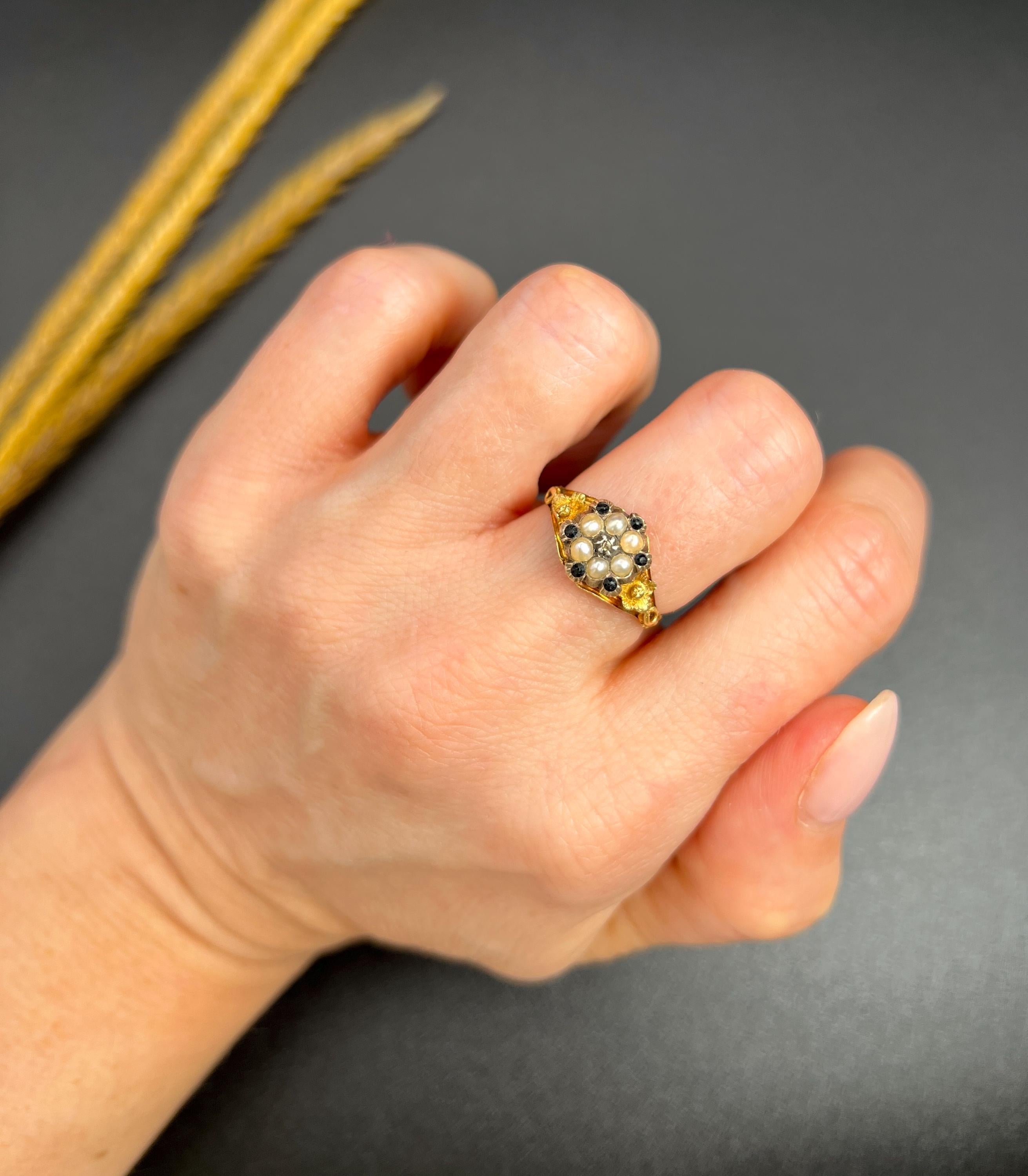 15ct Gold Victorian Onyx, Diamond & Seed Pearl Daisy Cluster Ring Locket Back For Sale 3