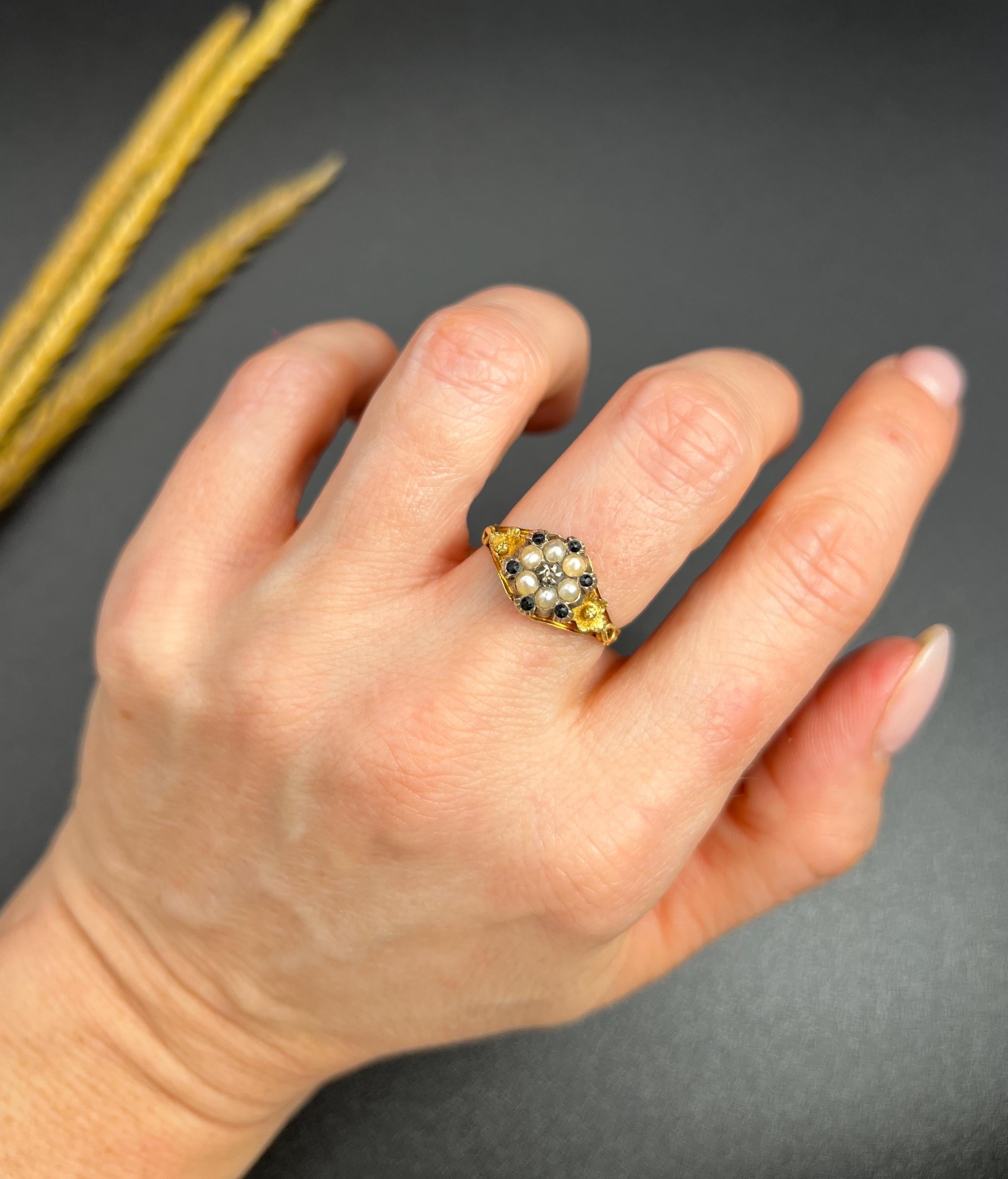 15ct Gold Victorian Onyx, Diamond & Seed Pearl Daisy Cluster Ring Locket Back For Sale 4