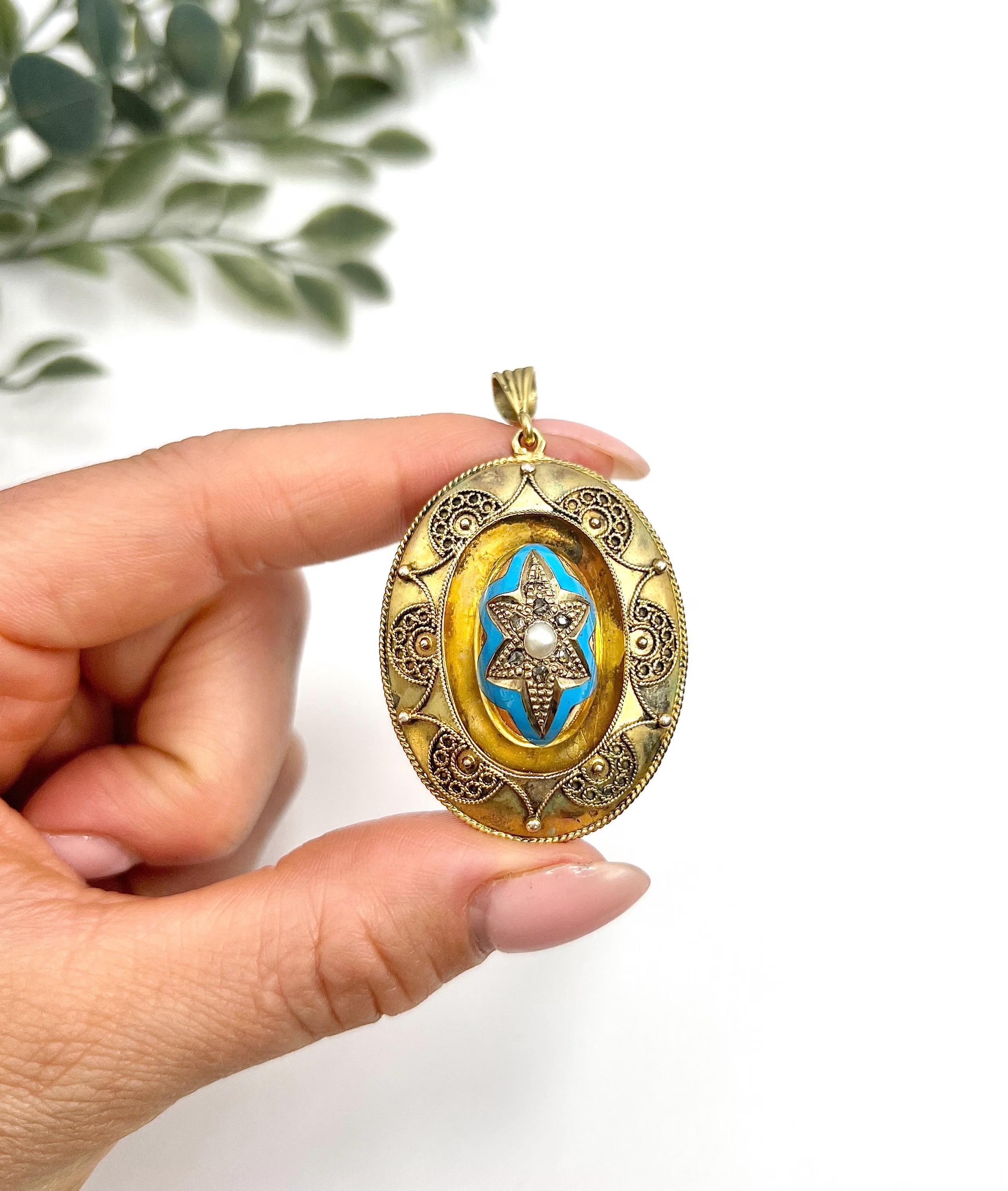 15ct Gold, Victorian Turquoise Blue Enamel, Pearl & Diamond Star Pendant Locket For Sale 5