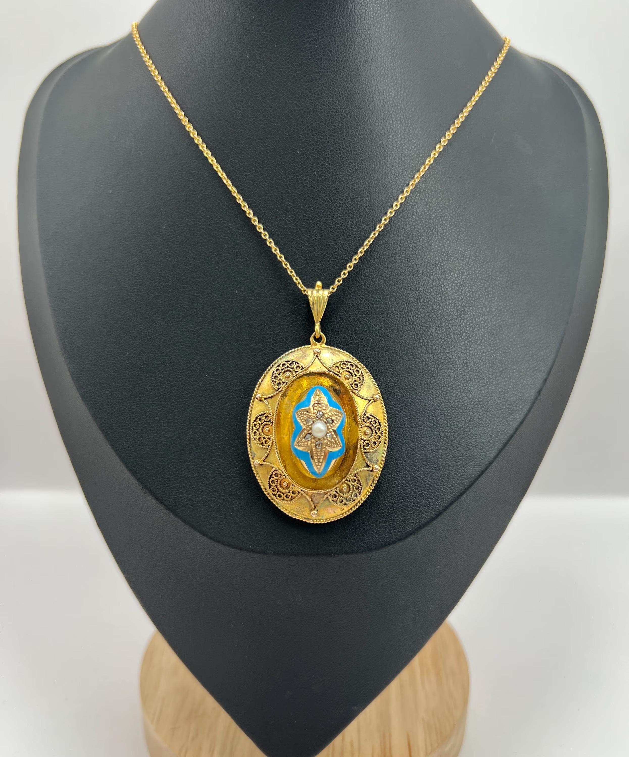Mixed Cut 15ct Gold, Victorian Turquoise Blue Enamel, Pearl & Diamond Star Pendant Locket For Sale