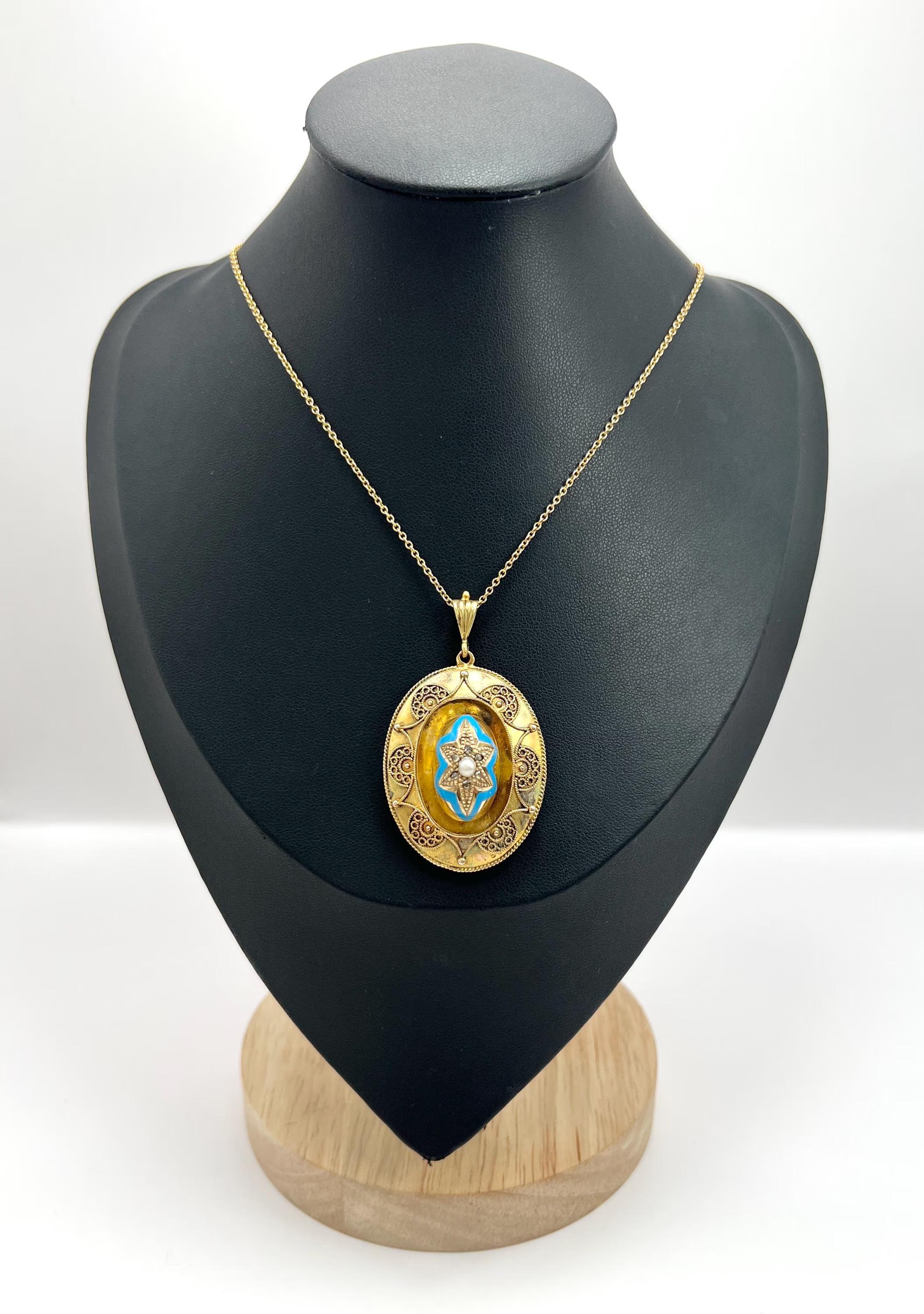 15ct Gold, Victorian Turquoise Blue Enamel, Pearl & Diamond Star Pendant Locket In Good Condition For Sale In Brighton, GB