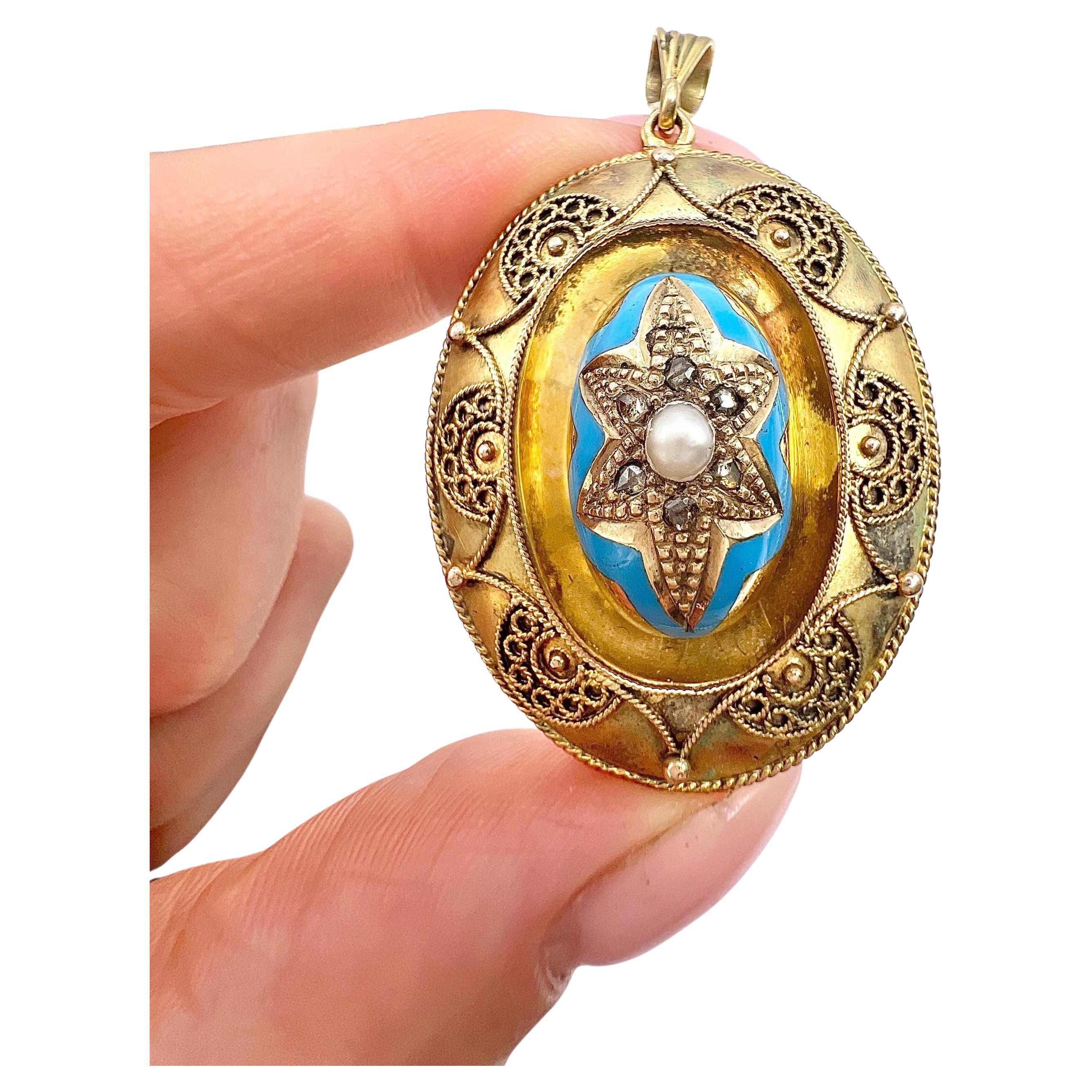 15ct Gold, Victorian Turquoise Blue Enamel, Pearl & Diamond Star Pendant Locket For Sale