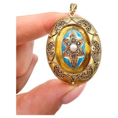 15ct Gold, Victorian Turquoise Blue Enamel, Pearl & Diamond Star Pendant Locket