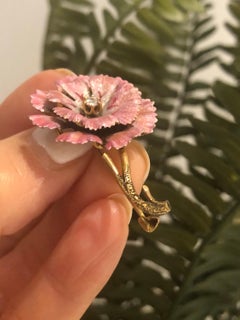 15ct Gold Vintage Pink Enamel and Diamond Flower Brooch