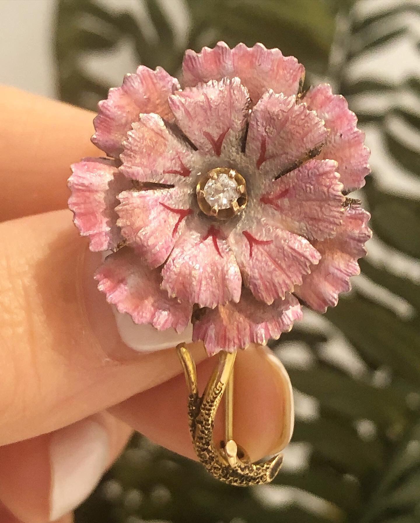 Old European Cut 15ct Gold Vintage Pink Enamel and Diamond Flower Brooch For Sale