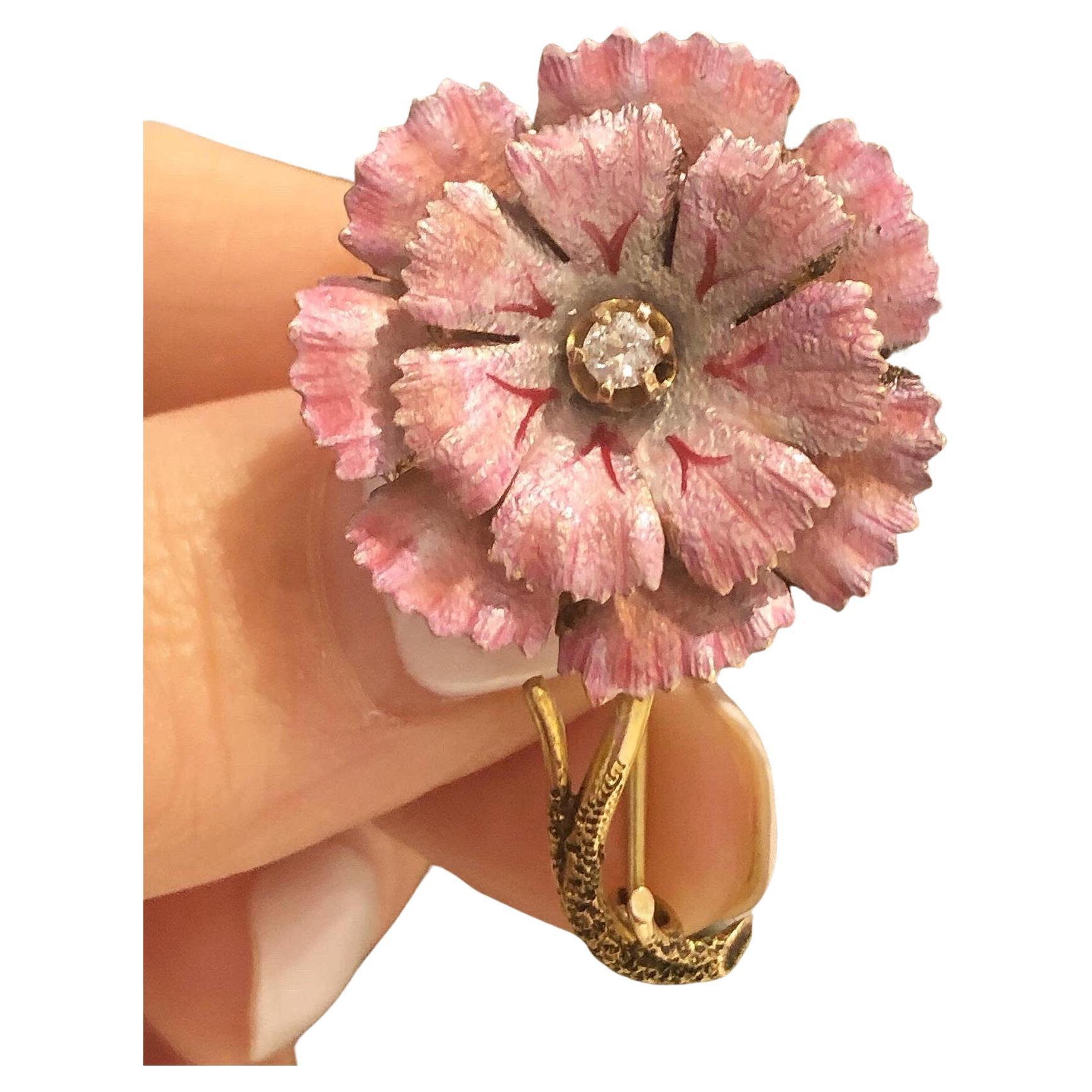 15ct Gold Vintage Pink Enamel and Diamond Flower Brooch For Sale