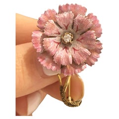 15 Karat Gold Vintage Rosa Emaille und Diamant-Blumenbrosche mit Diamanten