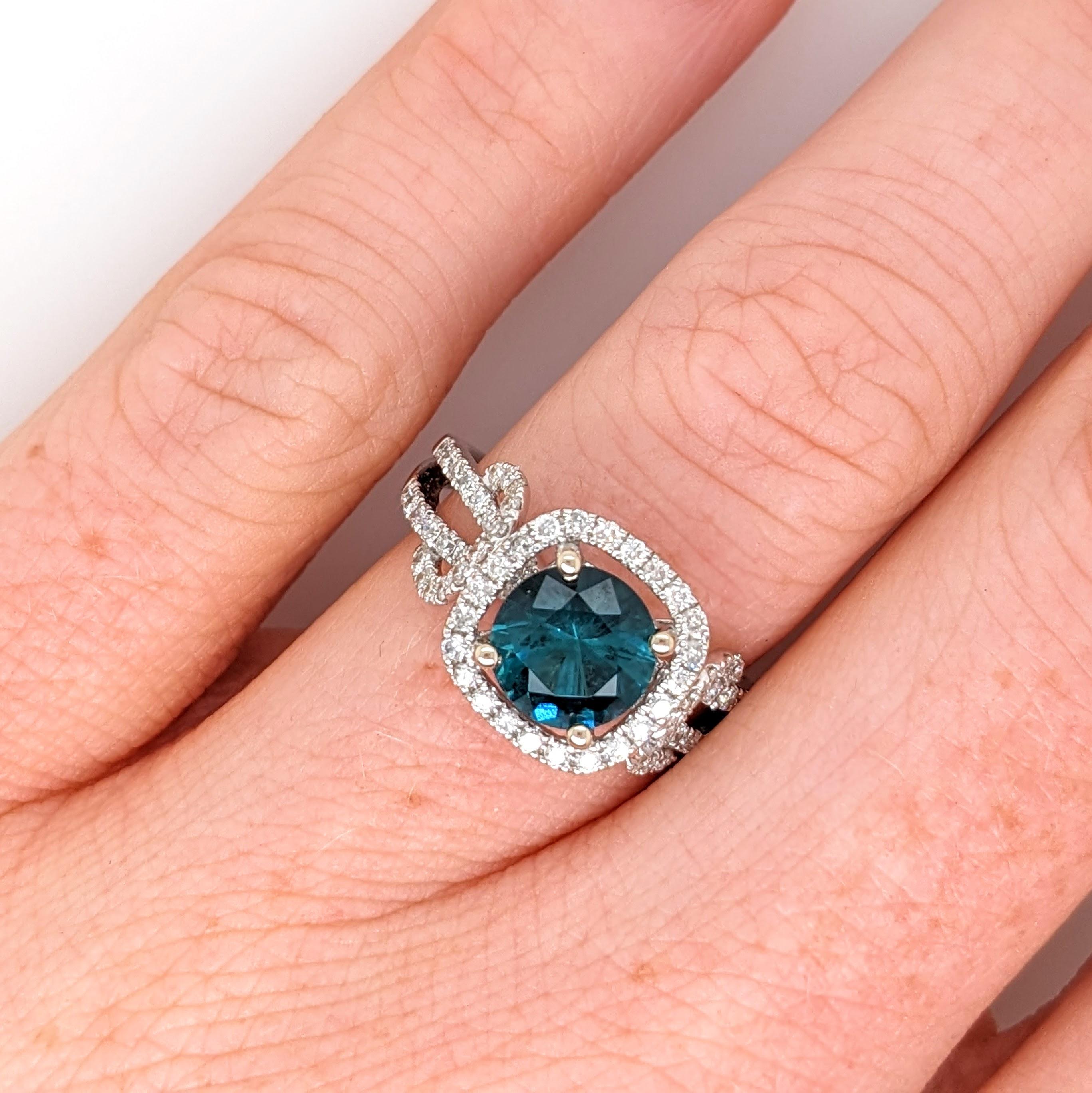 Modern 1.5ct Indicolite Tourmaline Ring w Earth Mined Diamonds in Solid 14K Gold