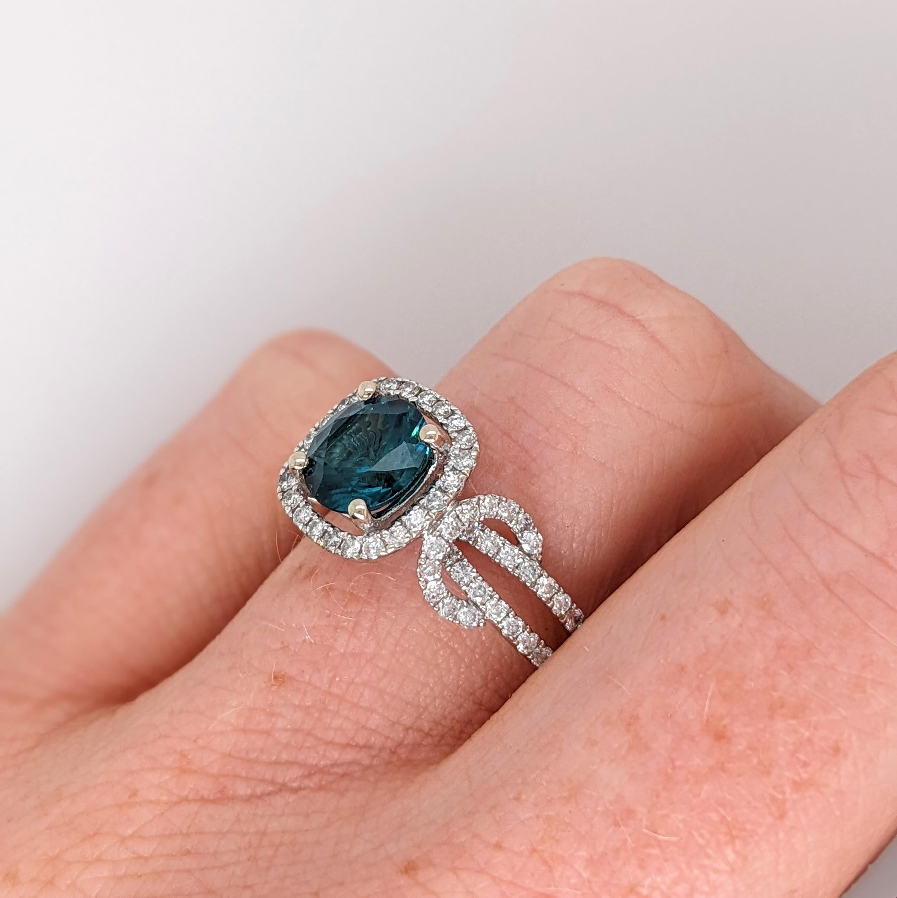 Round Cut 1.5ct Indicolite Tourmaline Ring w Earth Mined Diamonds in Solid 14K Gold