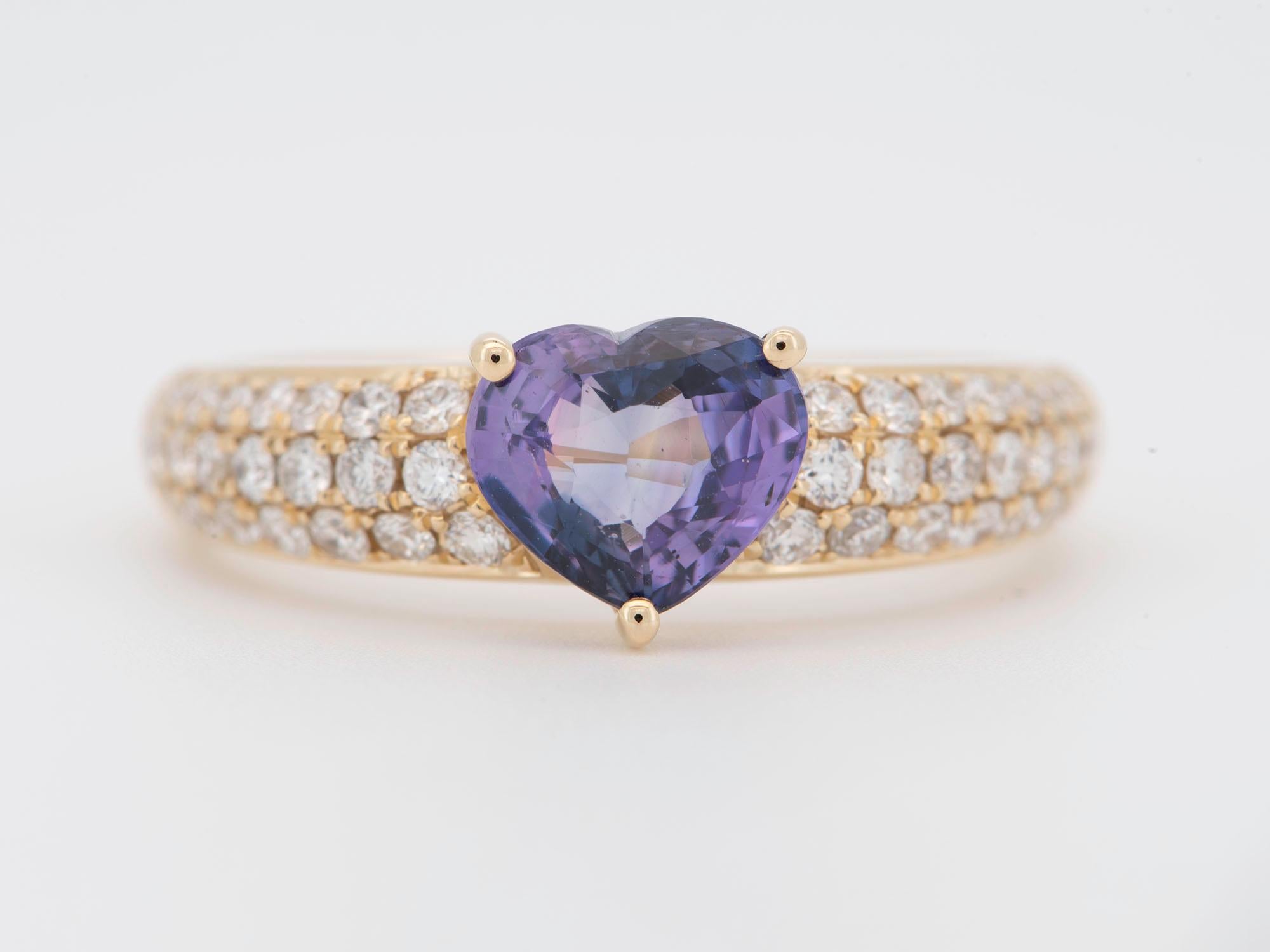 ♥ This ring features a gorgeous bi-color heart-shaped sapphire, set in a sea of diamond pave. Classic design with a unique twist!
♥ The setting measures 6.7mm in length (North South direction), 7.2mm in width (East West direction), and stands 5.1mm